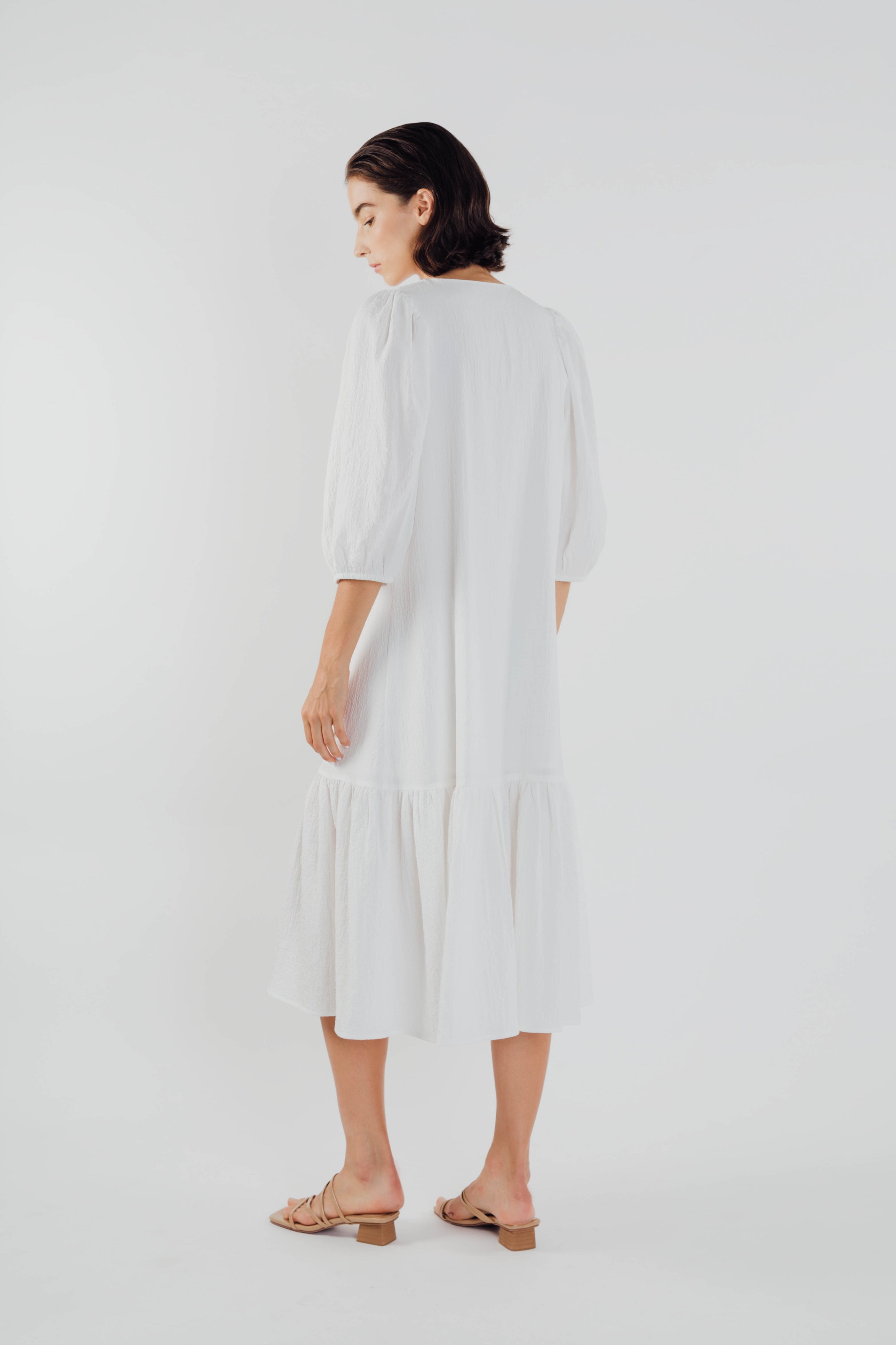 V-neck Midi Dress with Puffed Sleeves in White