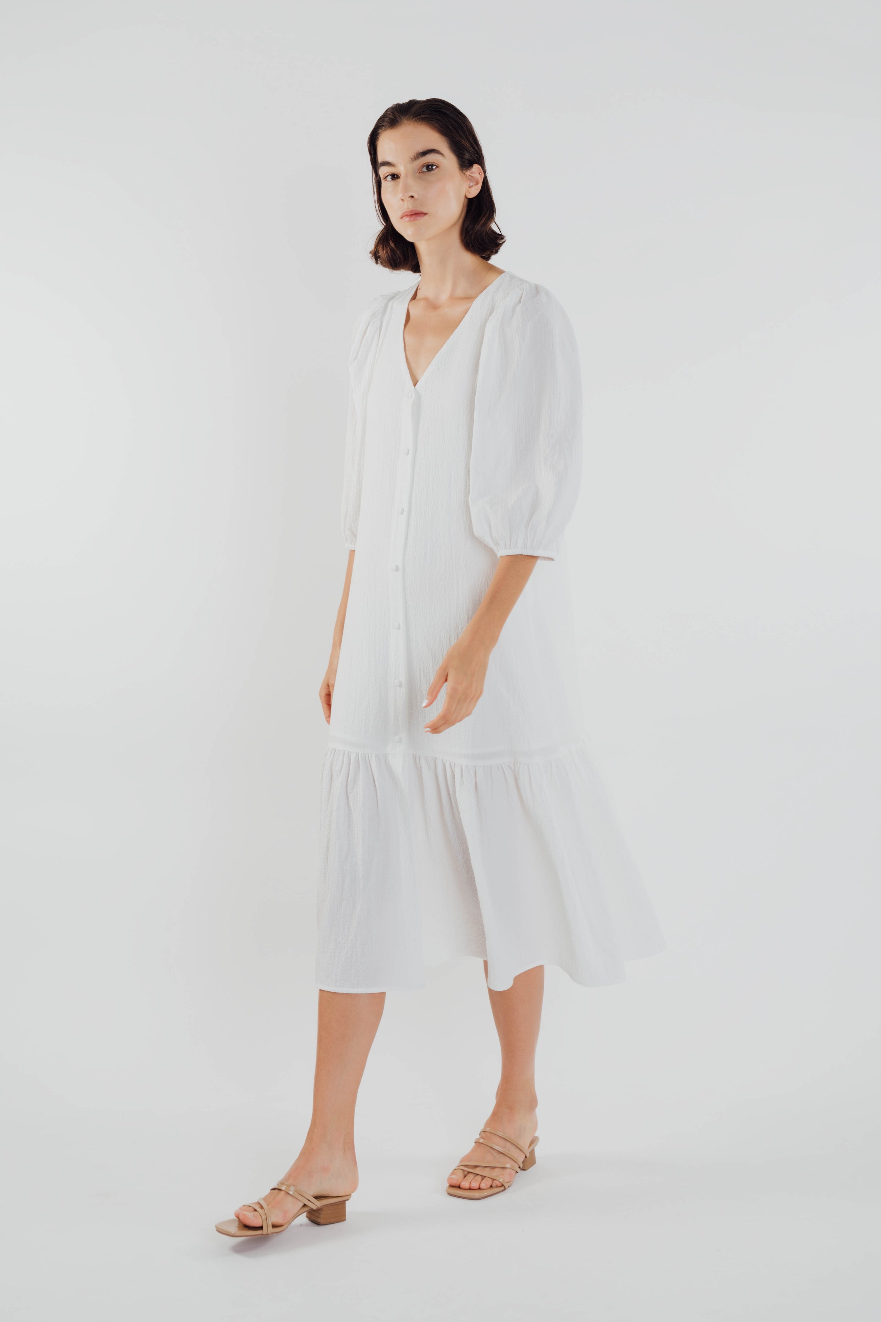 V-neck Midi Dress with Puffed Sleeves in White