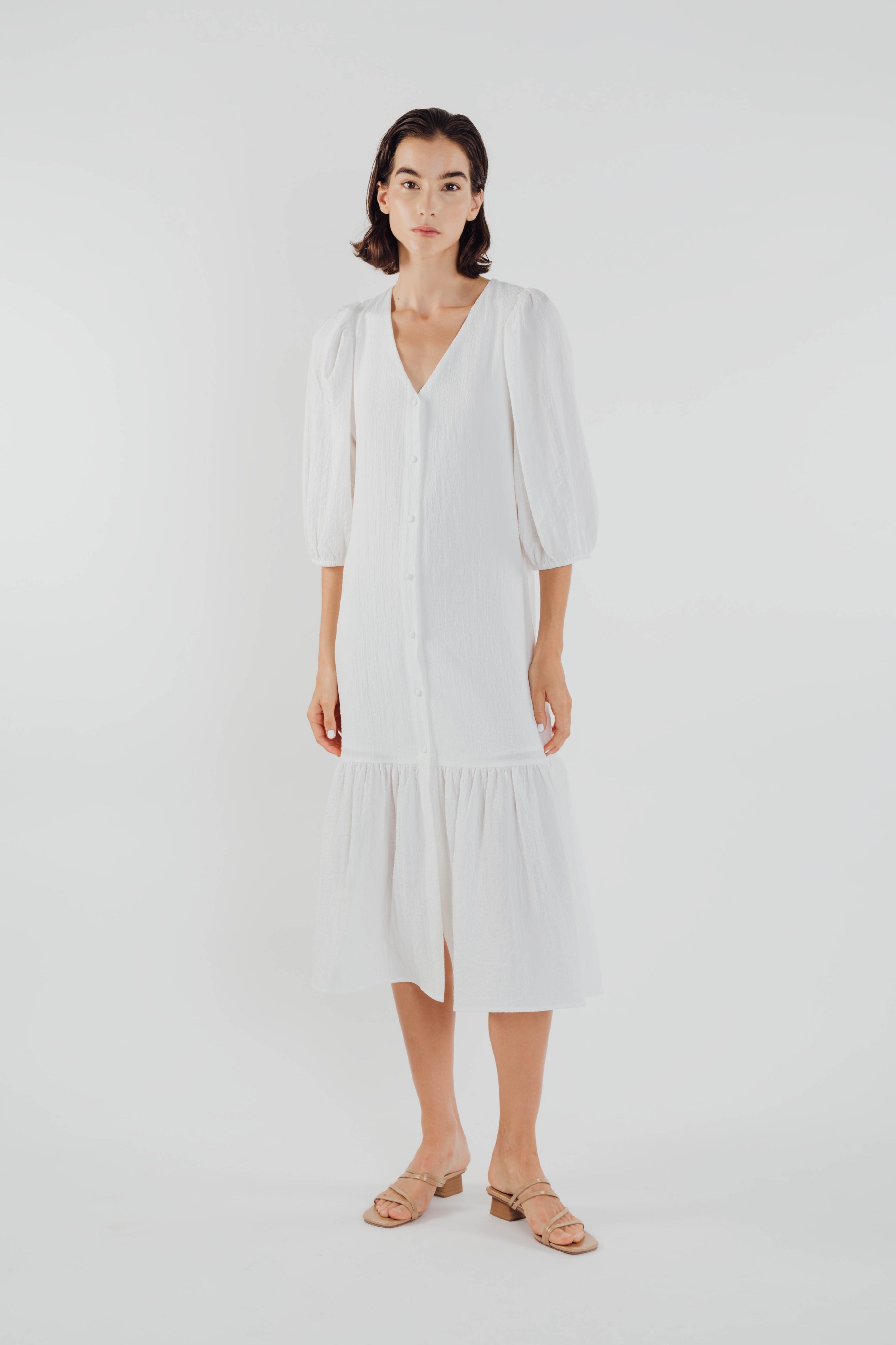 V-neck Midi Dress with Puffed Sleeves in White
