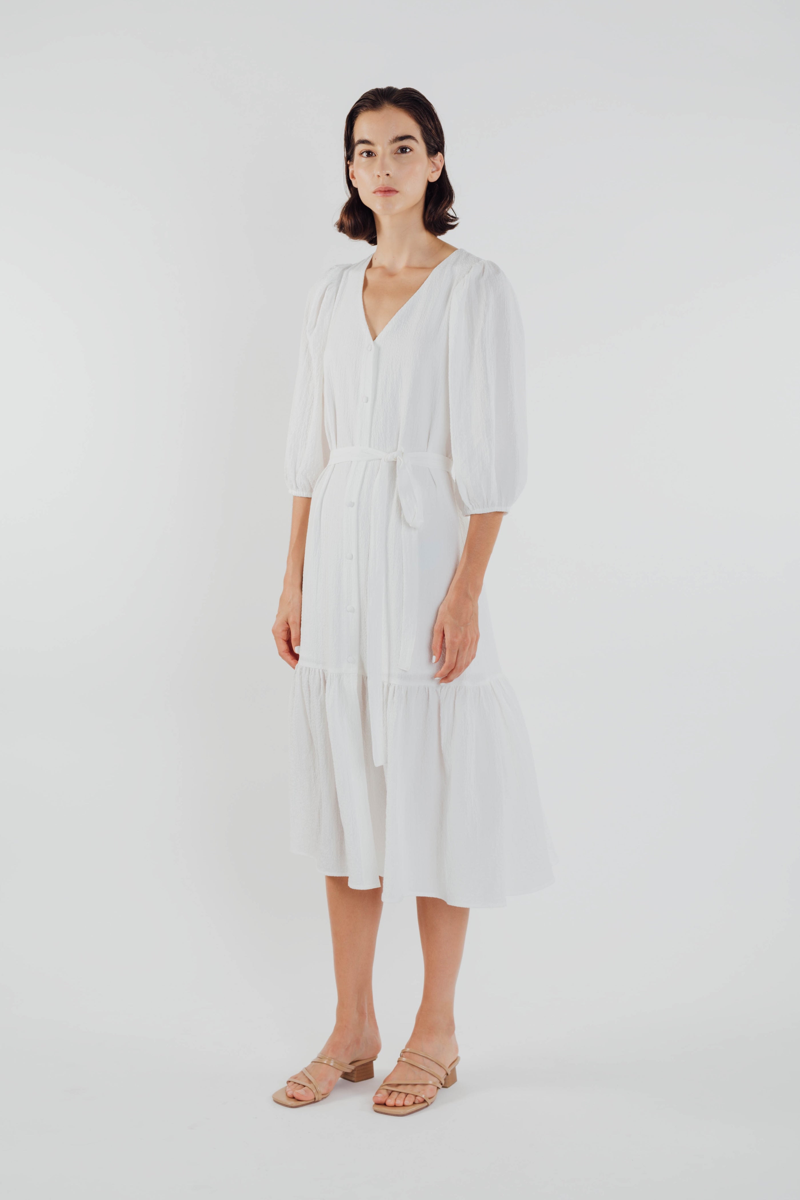 V-neck Midi Dress with Puffed Sleeves in White