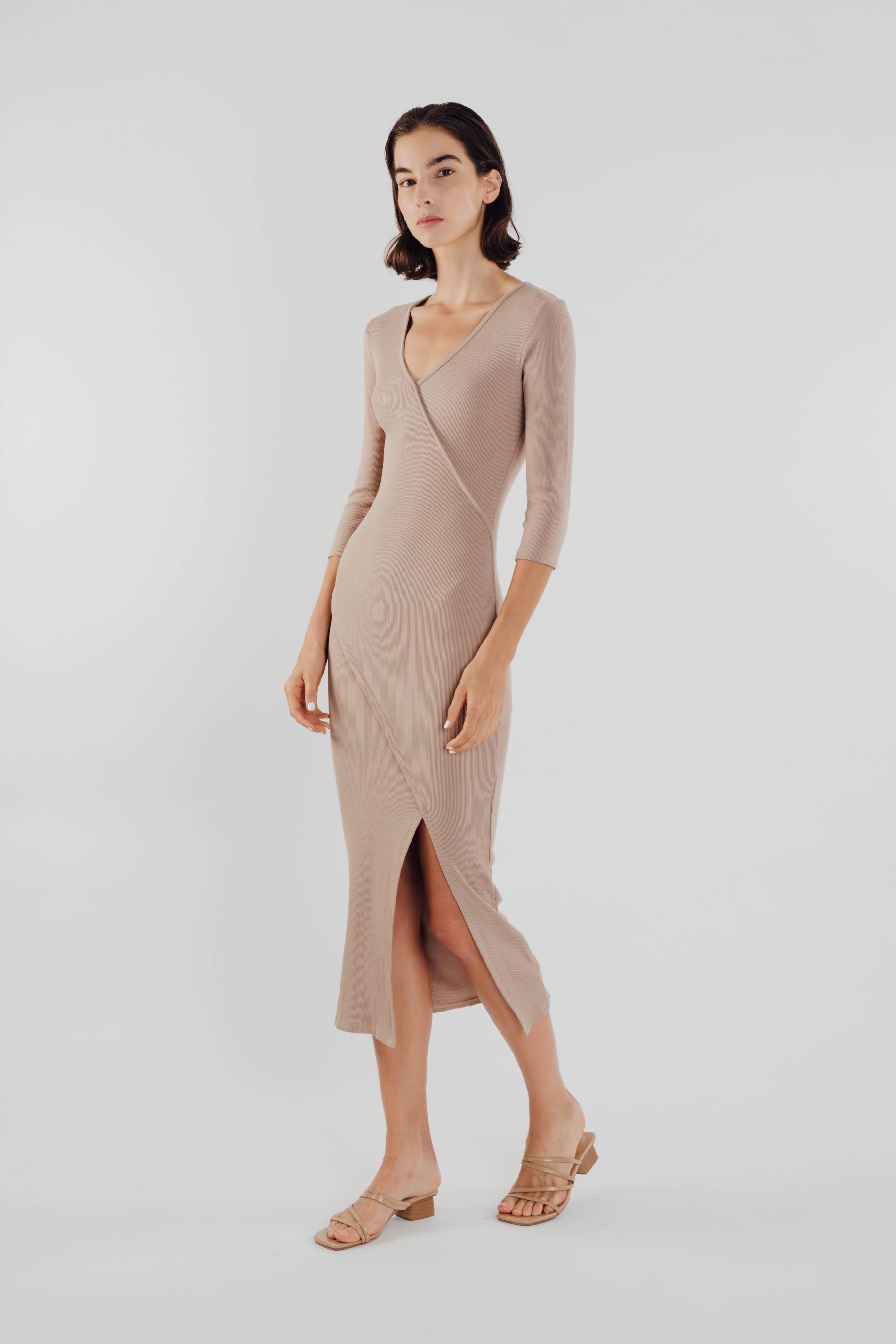 Knit Midi Dress with Slit in Tan