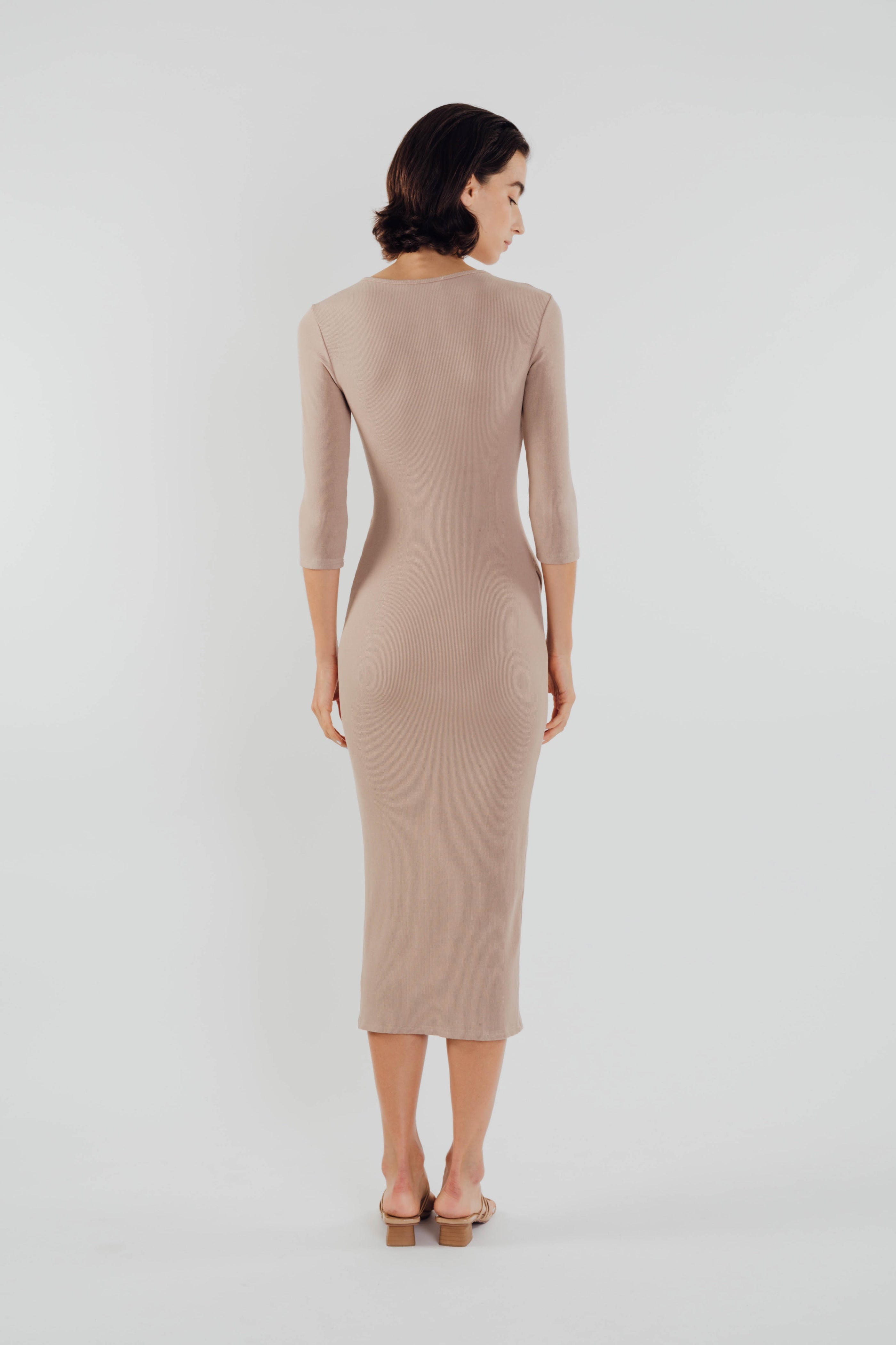 Knit Midi Dress with Slit in Tan