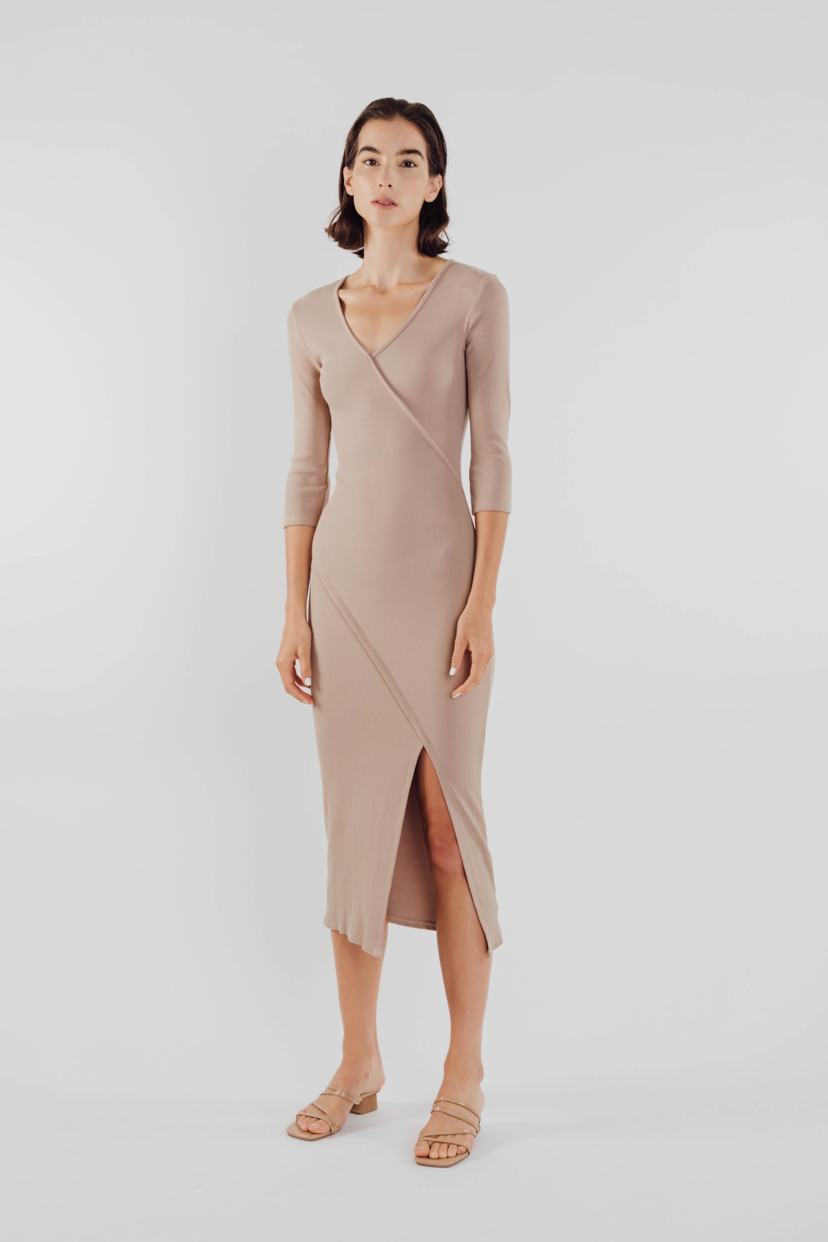 Knit Midi Dress with Slit in Tan