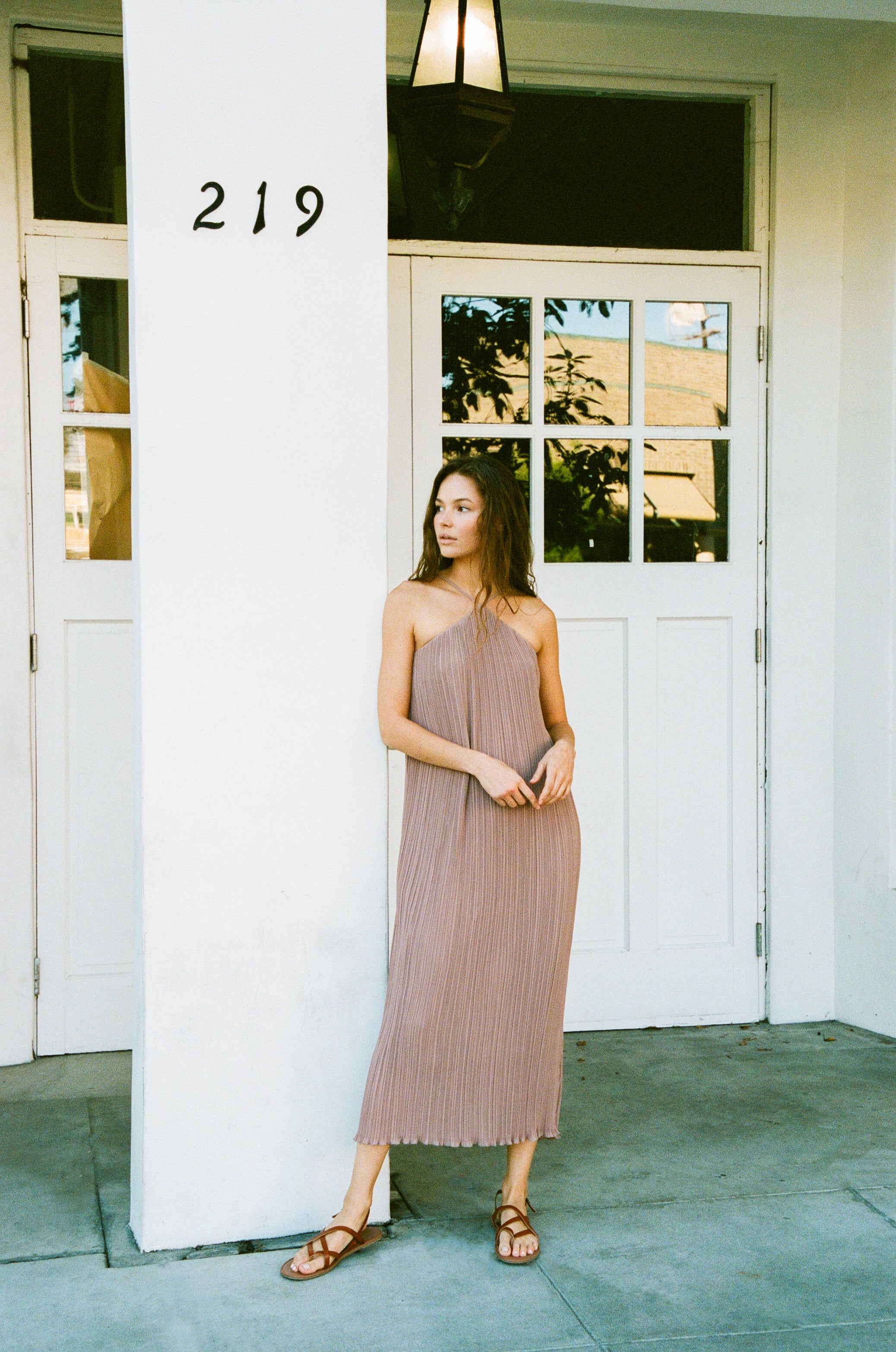 Halter Pleated Maxi Dress in Muted Rose