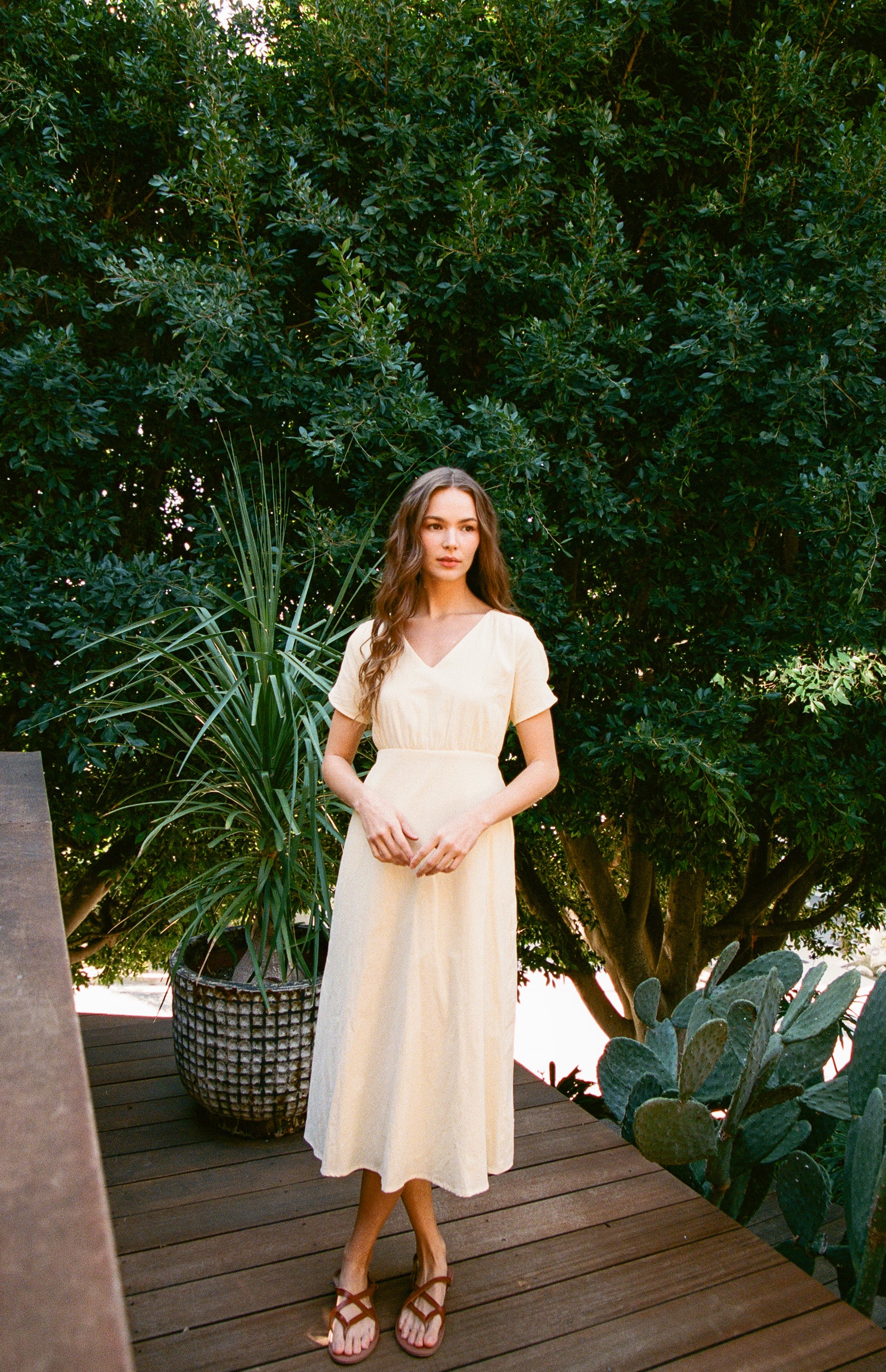 Waisted Midi Dress in Soft Yellow