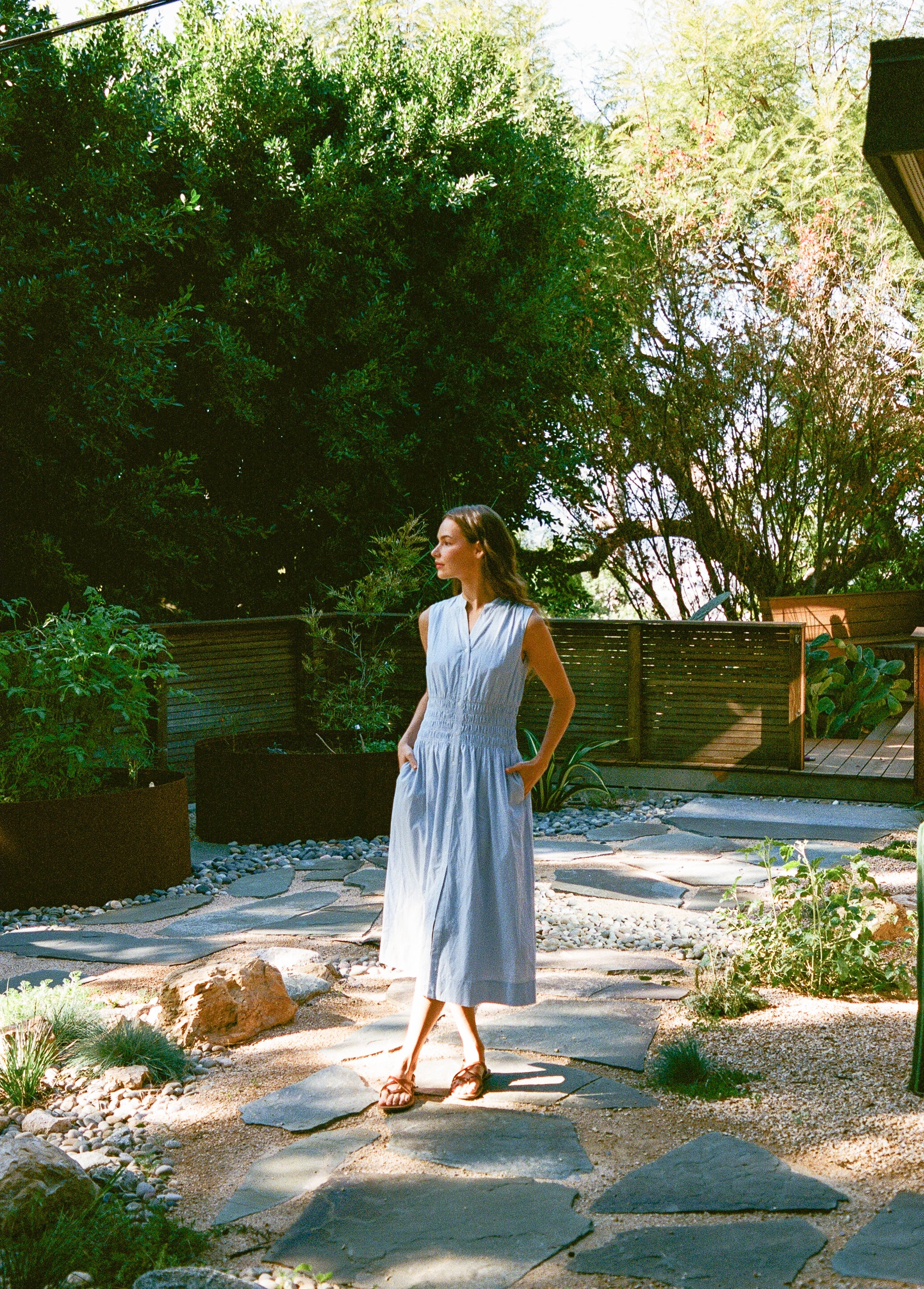 Buttoned-down Shirred Midi Dress in Stripe Blue