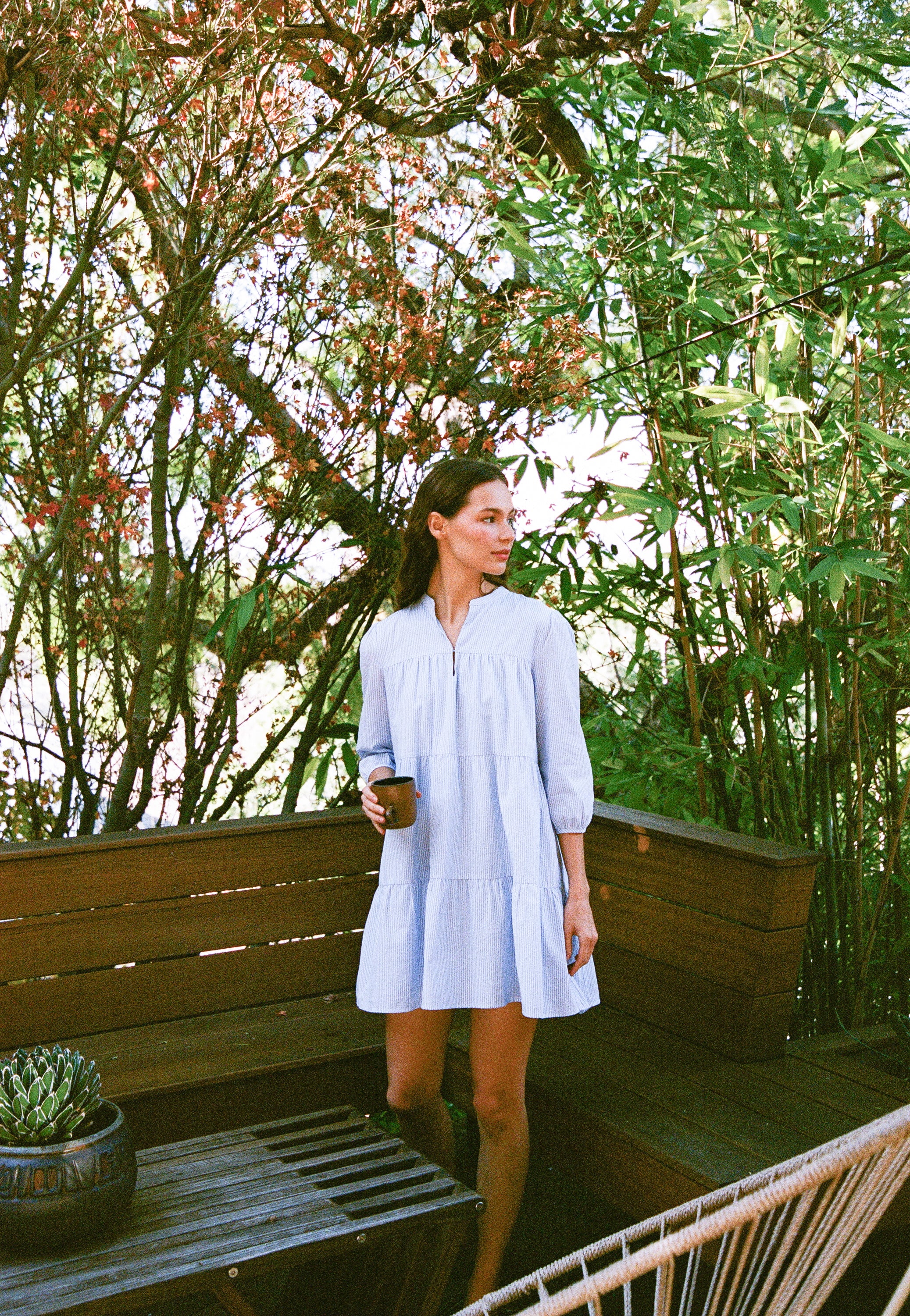 Sleeved Tiered Mini Dress in Stripe Blue