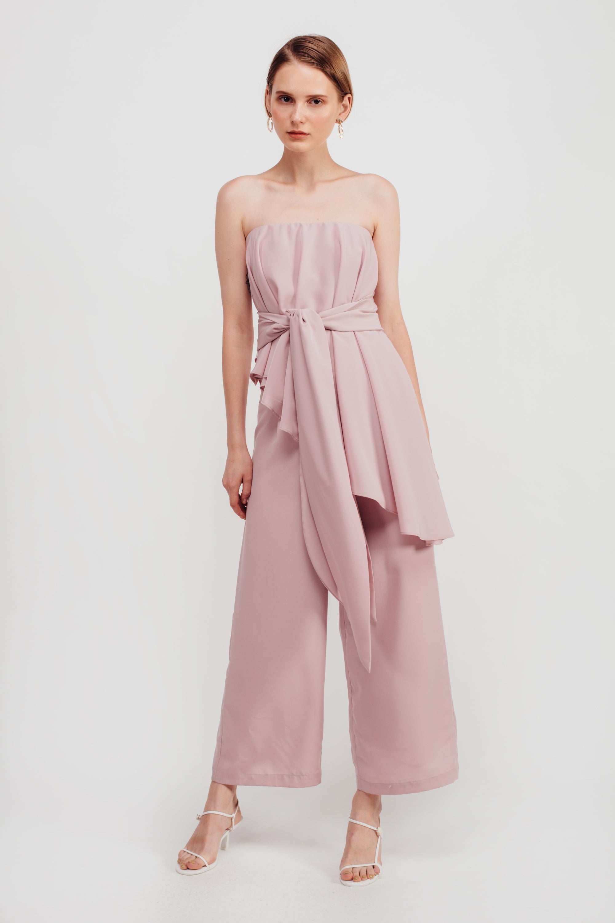 Staggered Ruffles Tube Jumpsuit In Blush Pink (Sale)