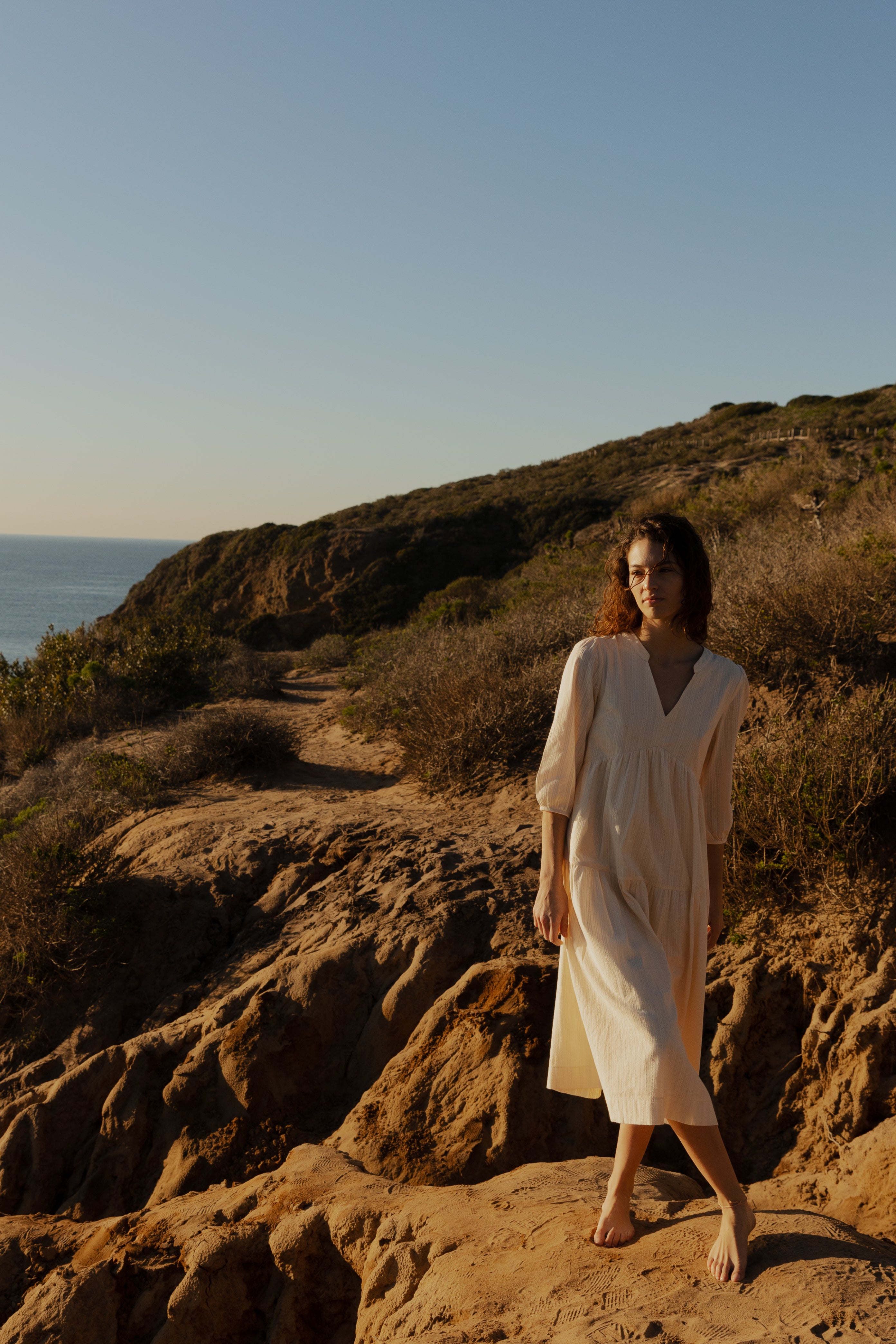 Embroidered Midi Dress in Oatmeal