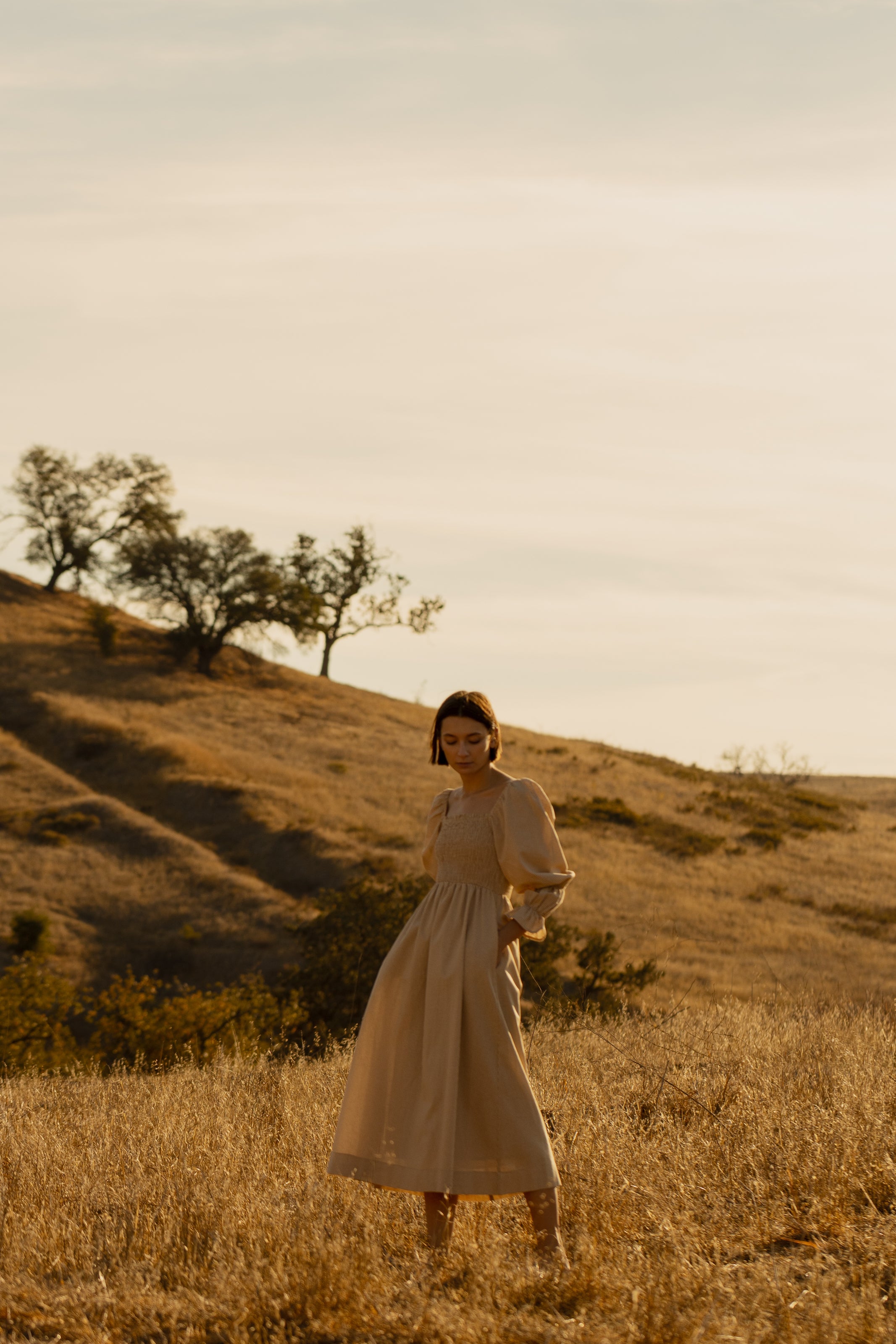 Cotton Shirred Dress in Checkered Sand