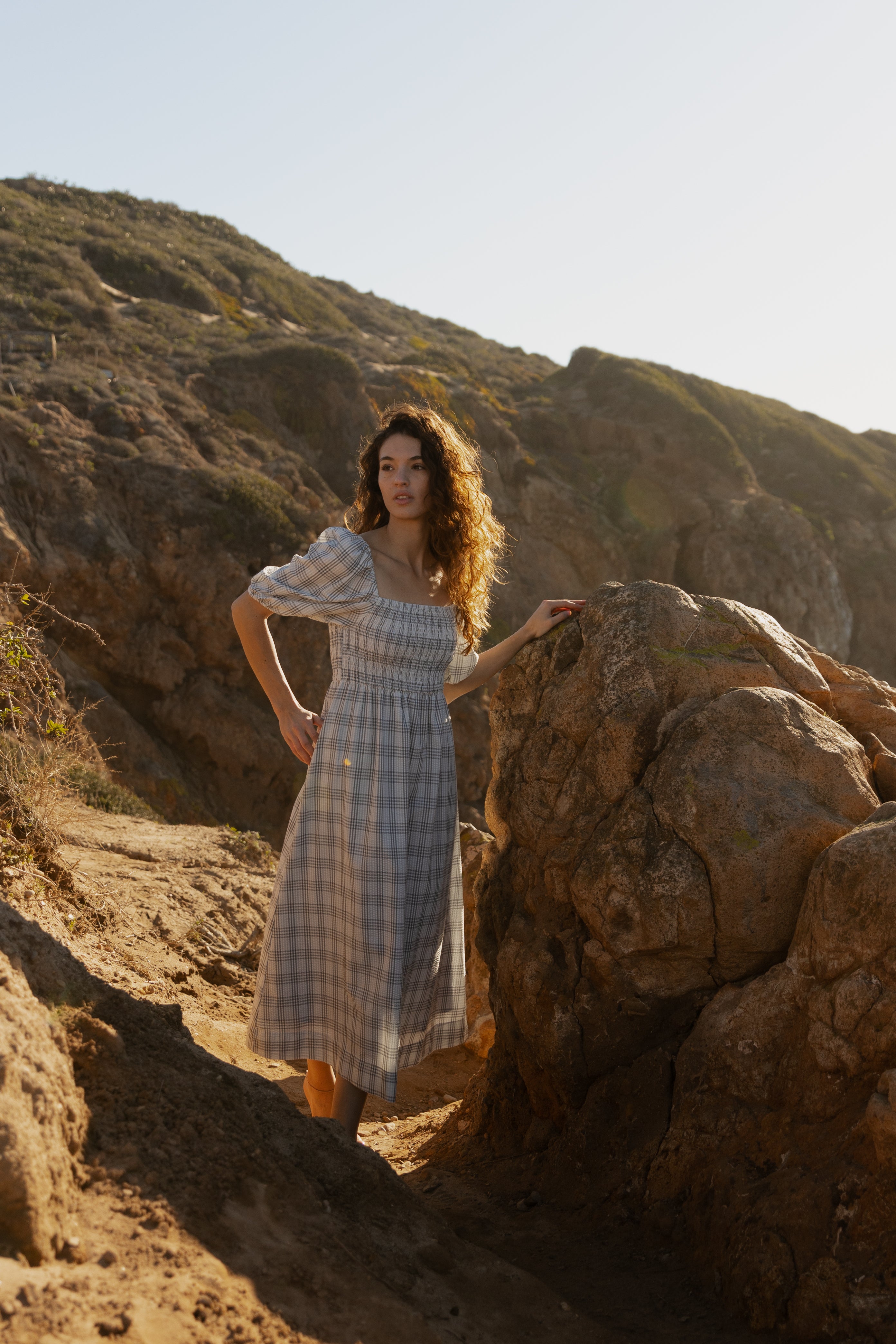 Seersucker Shirred Midi Dress in Mist