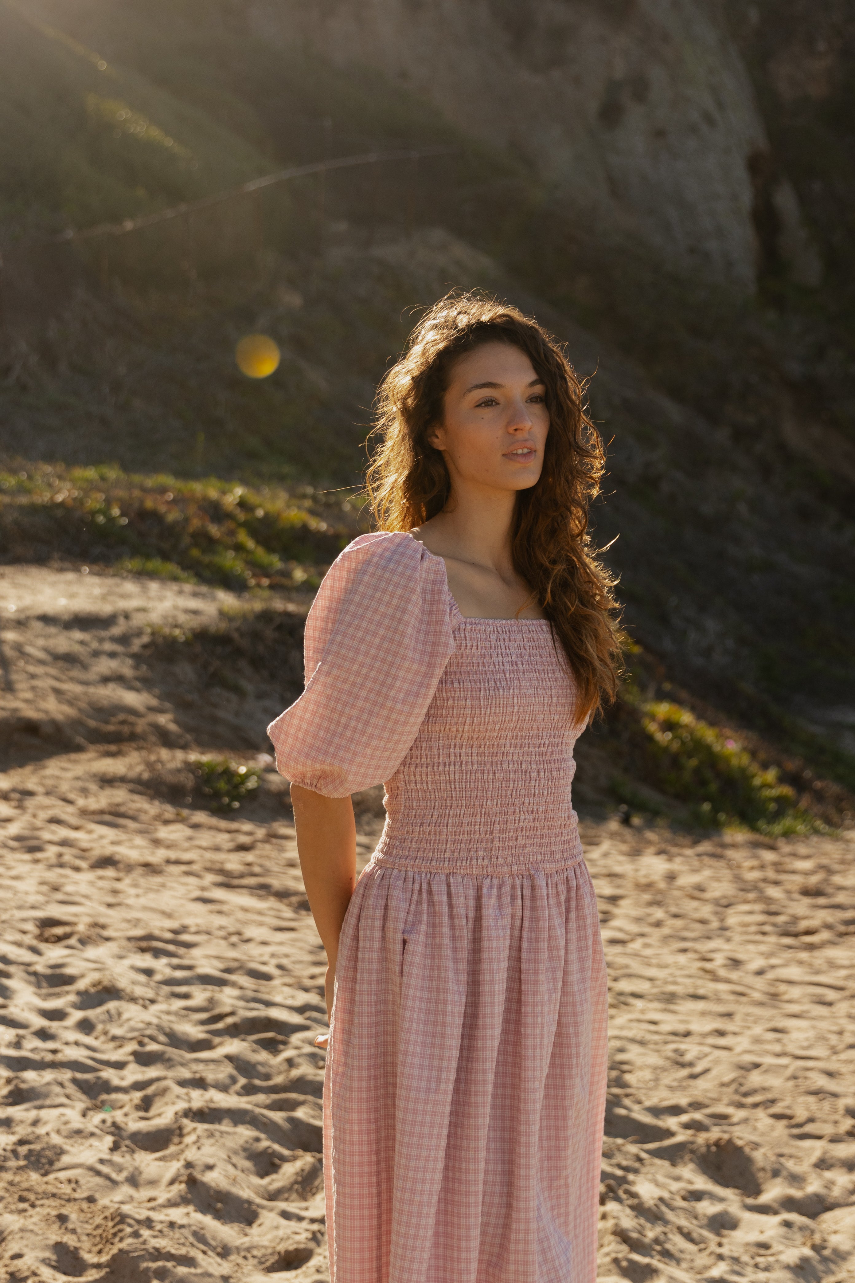 Drop Waist Shirring Dress in Gingham Pink