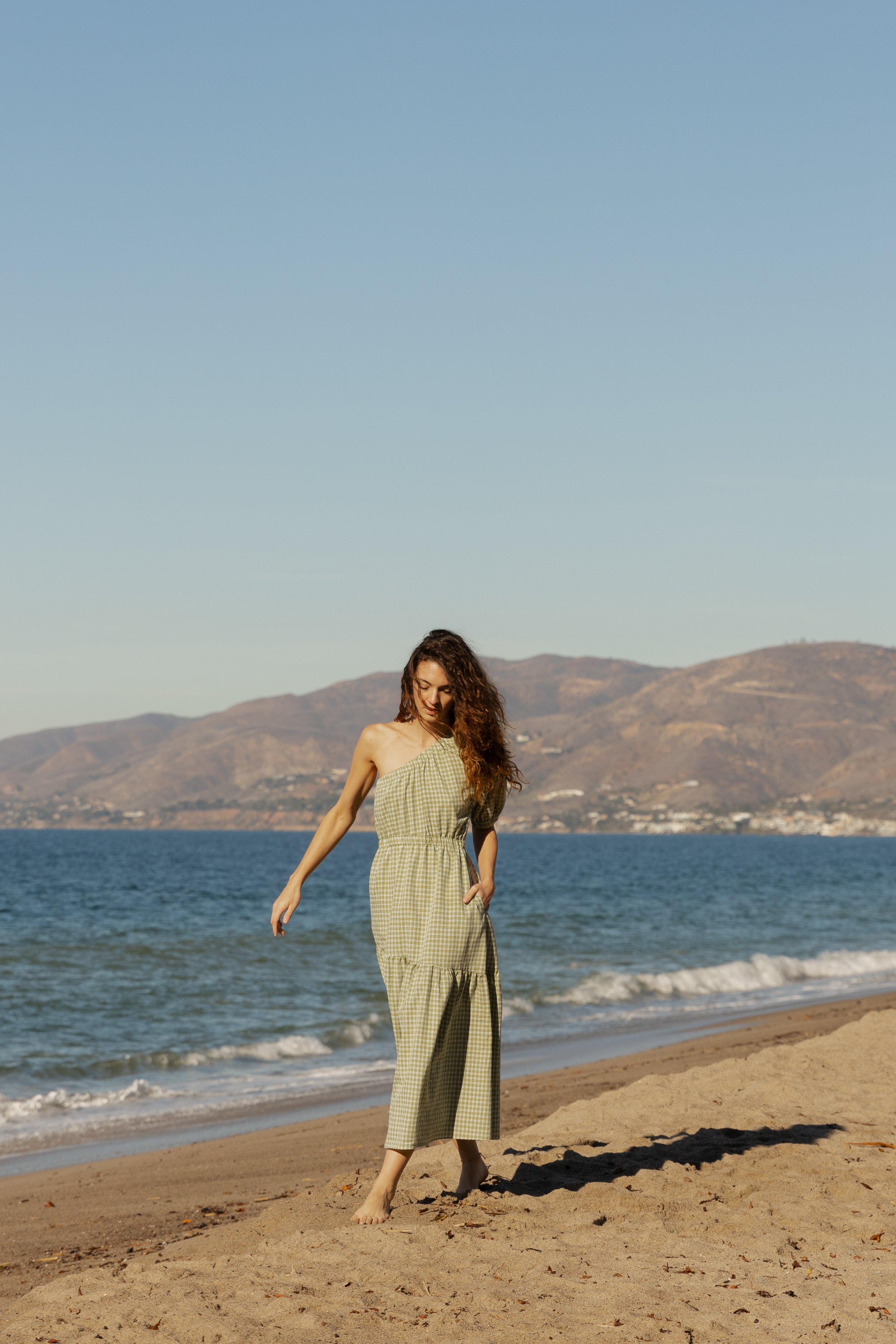 Cotton Blend Toga Dress in Gingham Fern