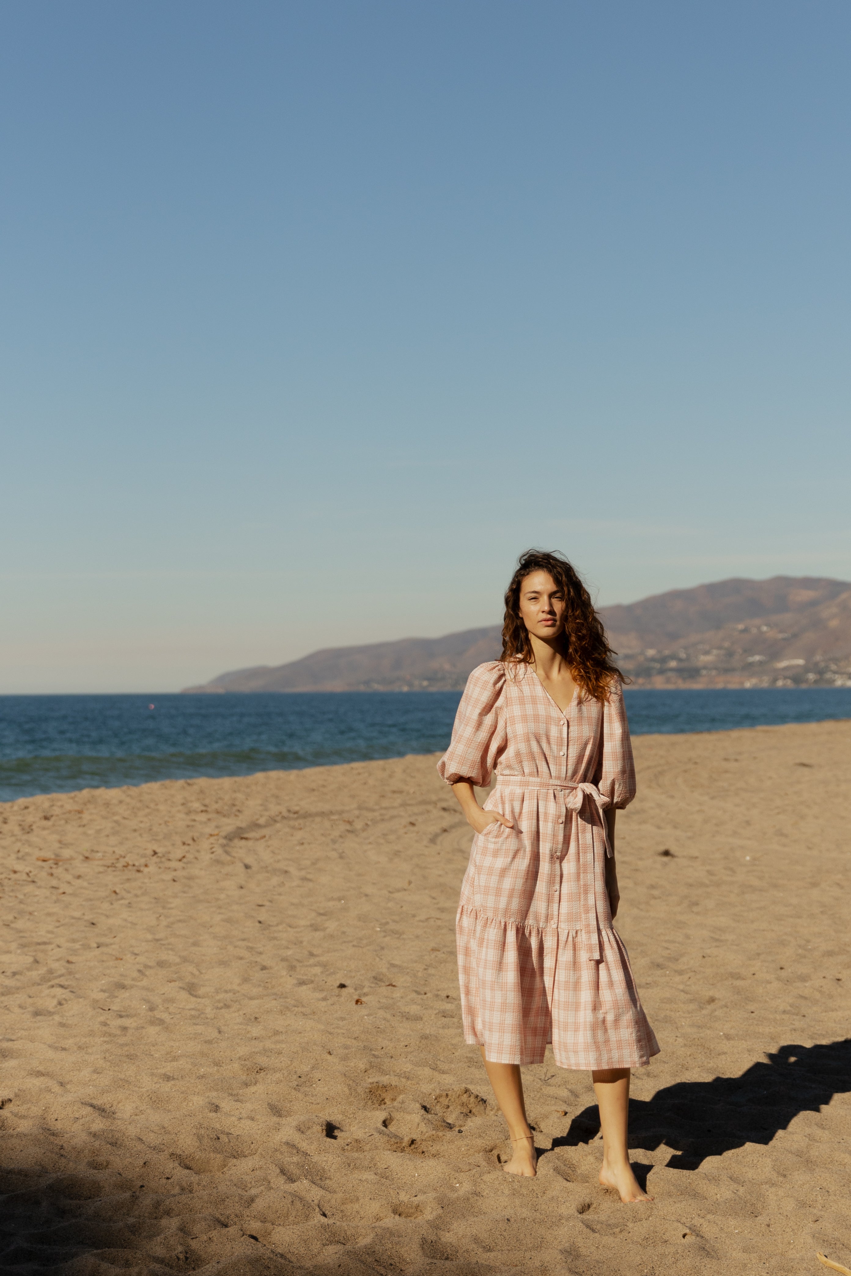 Seersucker Tiered Midi Dress in Shell Pink