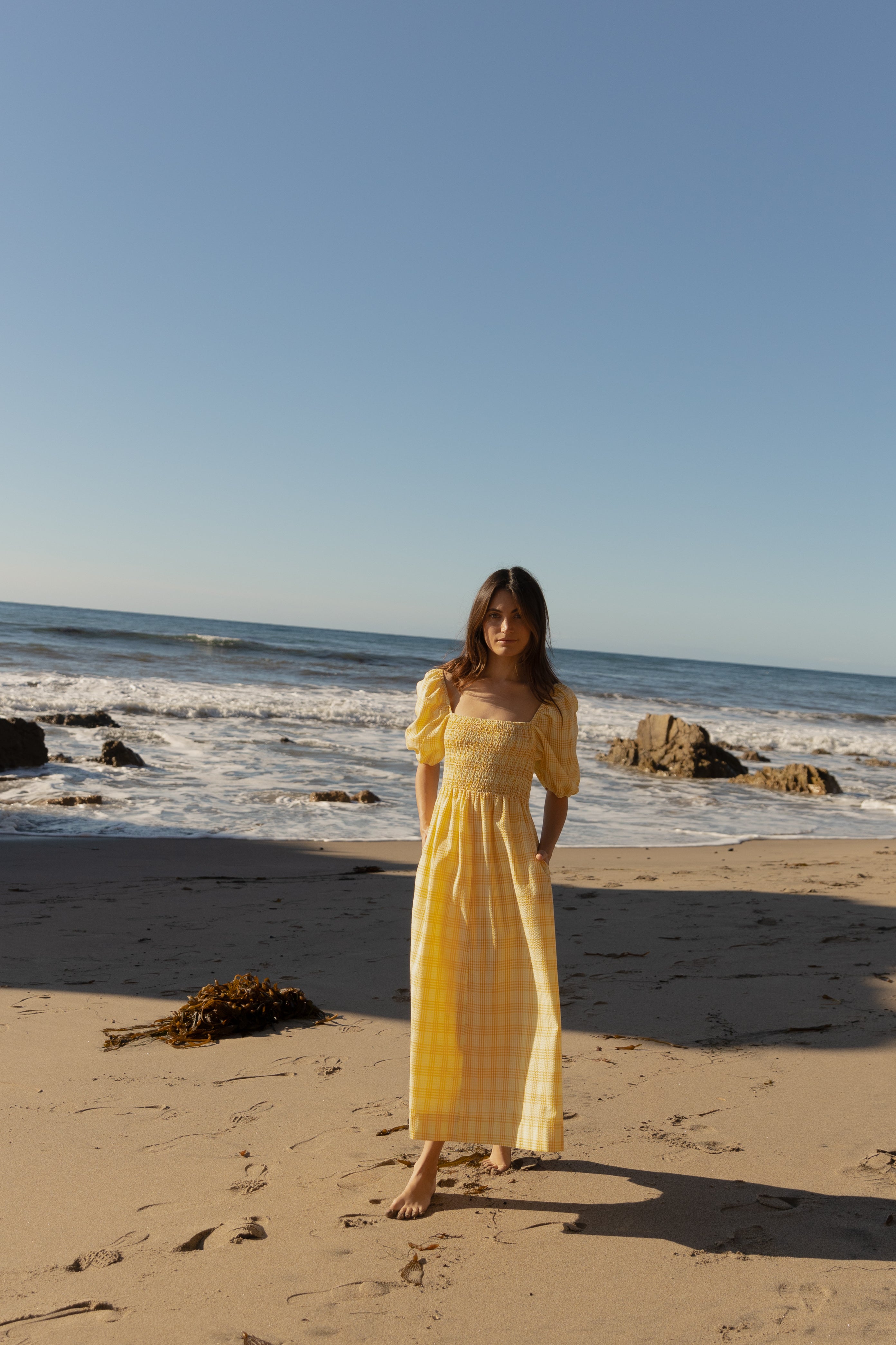 Seersucker Shirred Midi Dress in Sunrise