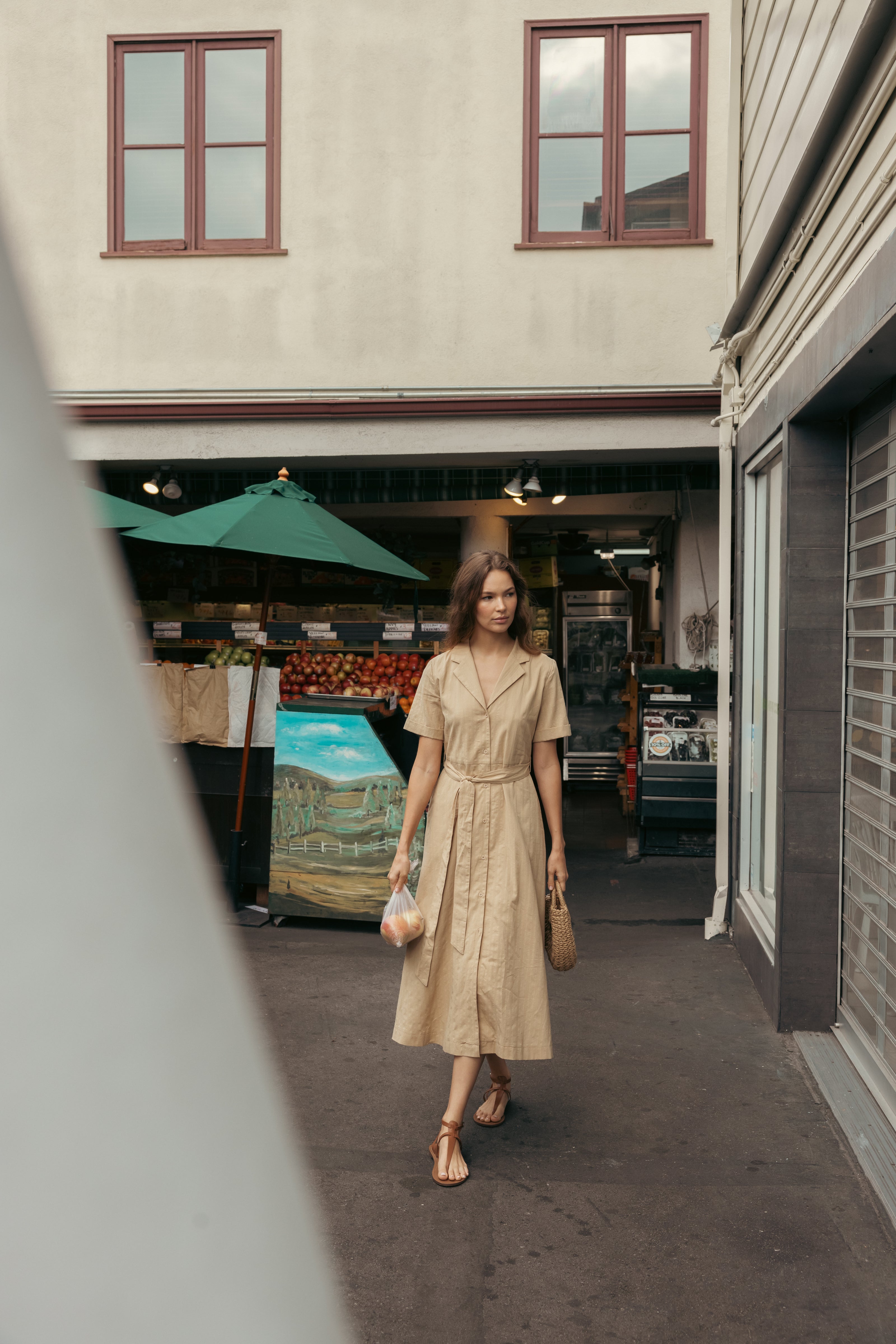 Collared Cotton Midi Dress in Camel