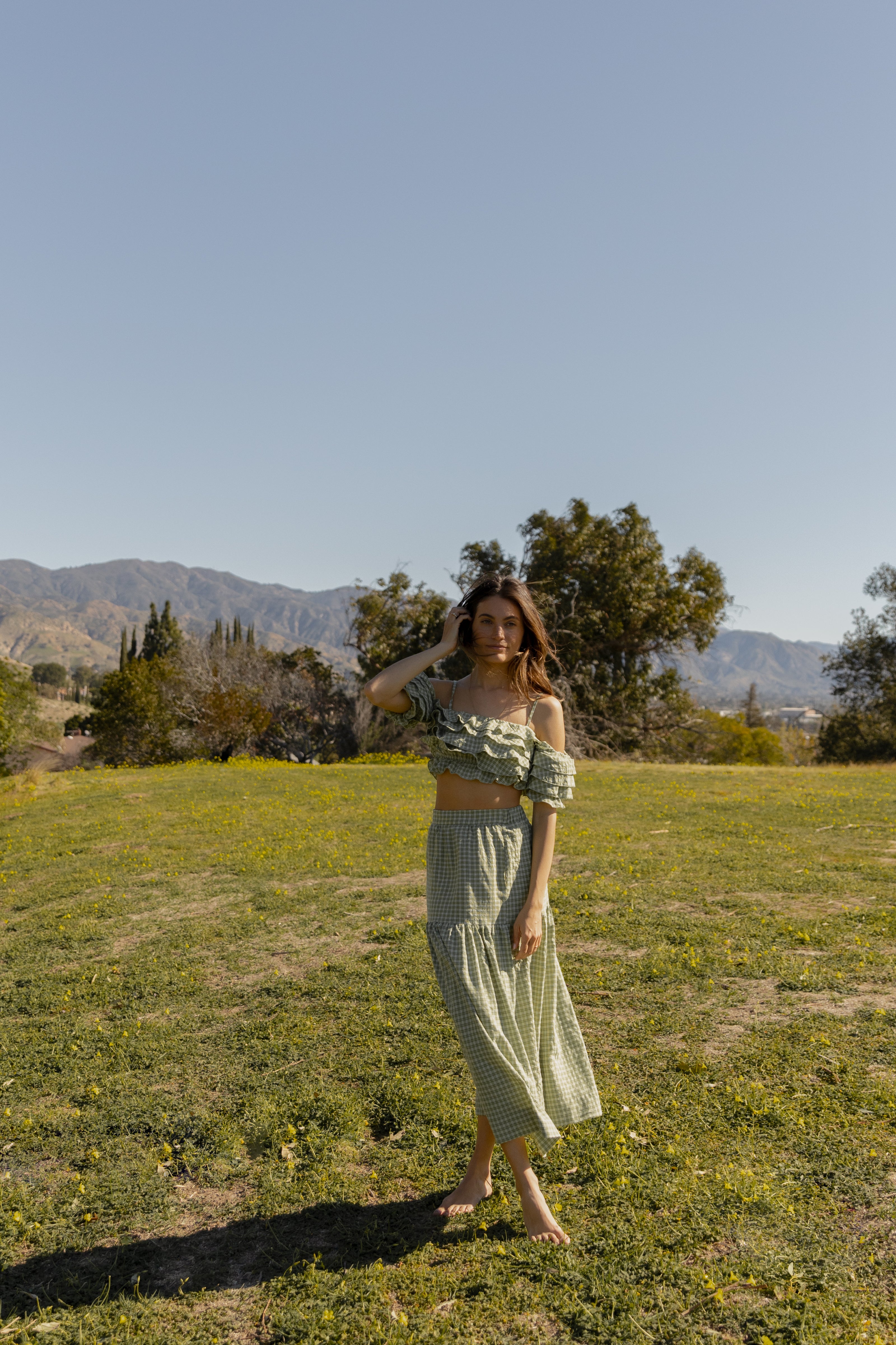 Cropped Ruffle Top in Gingham Fern