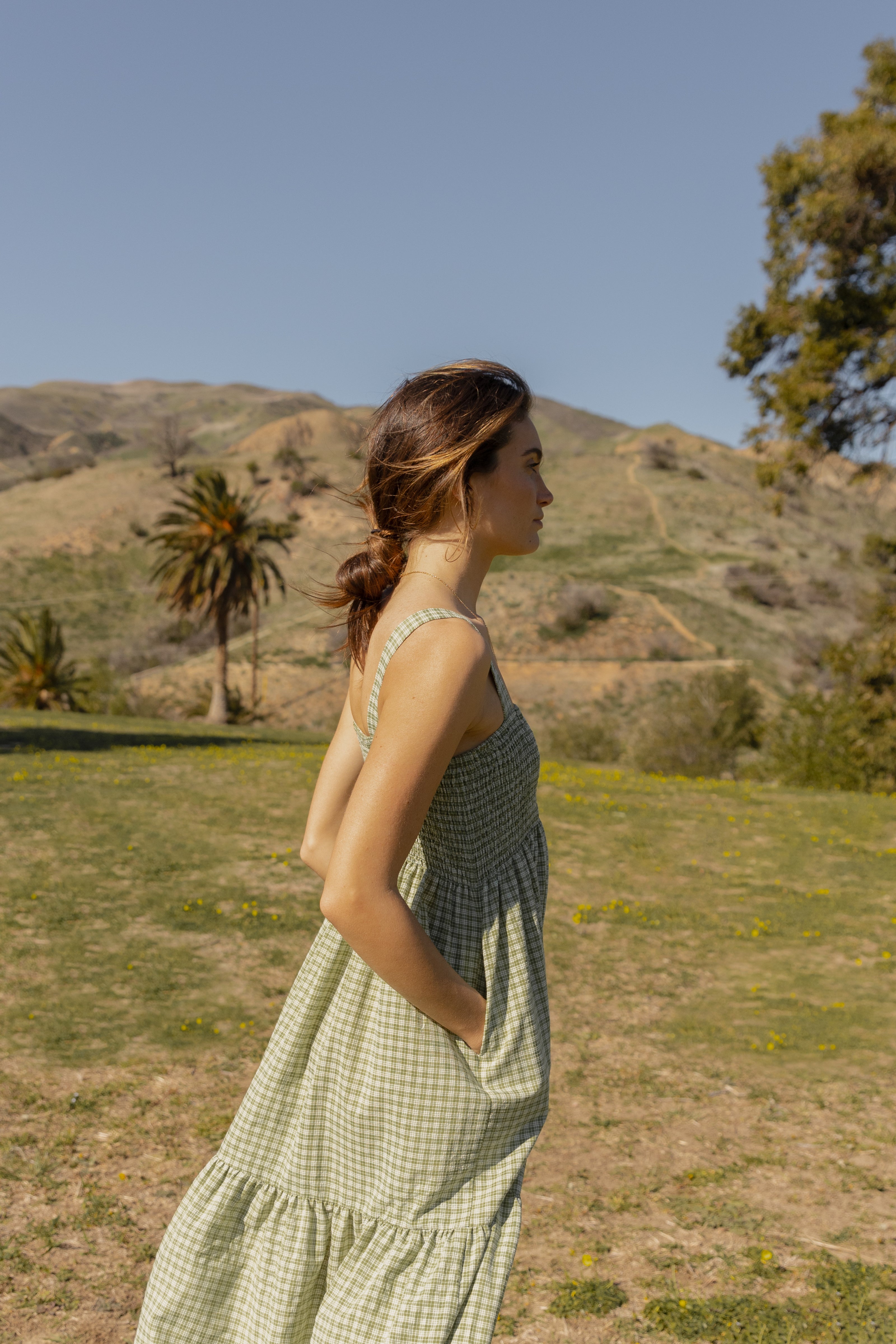 Tiered Sleeveless Shirring Dress in Gingham Fern