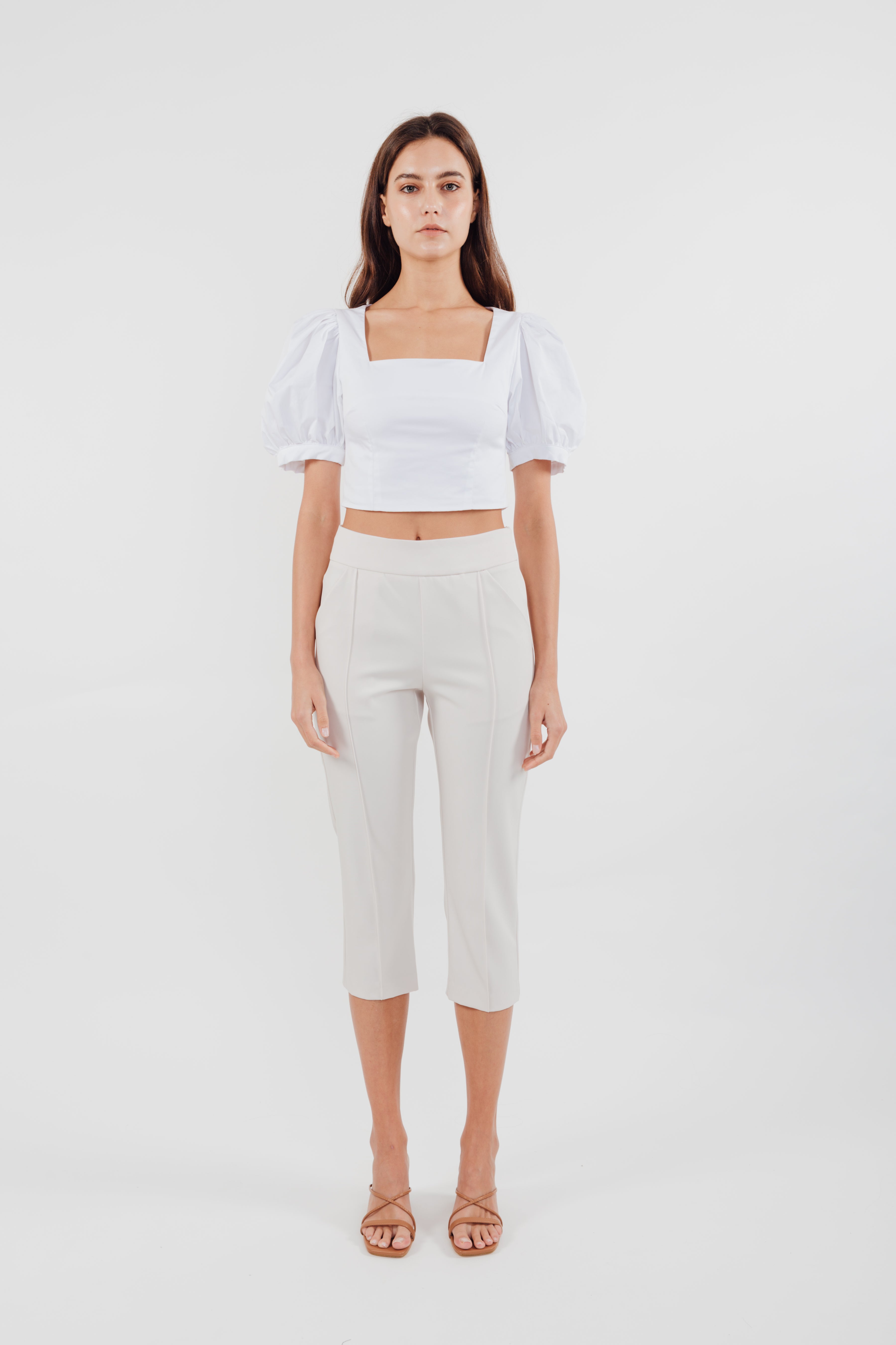 High Waisted Cropped Trousers in Cream (Sale)