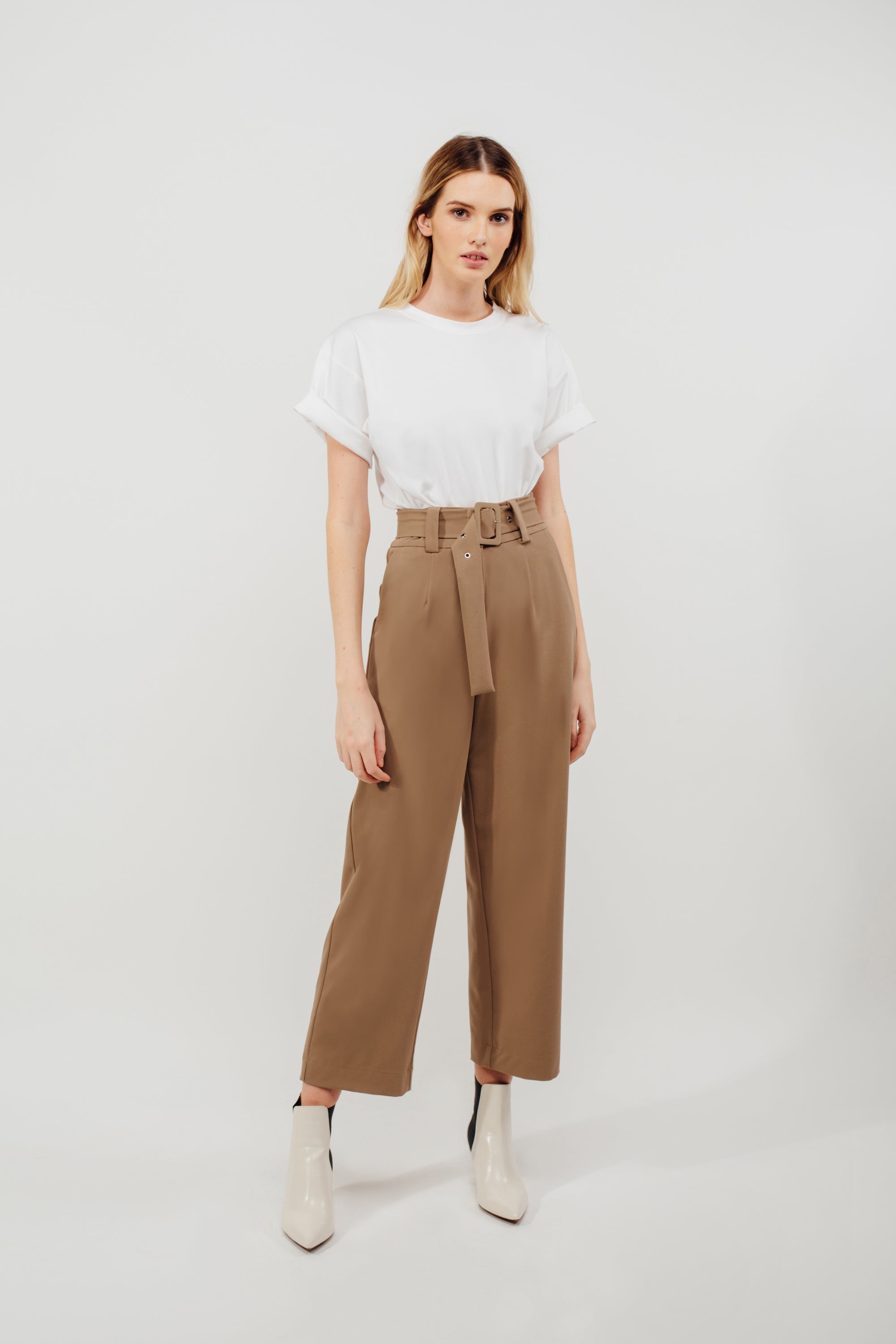 Belted Straight Legged Trousers In Camel (Sale)