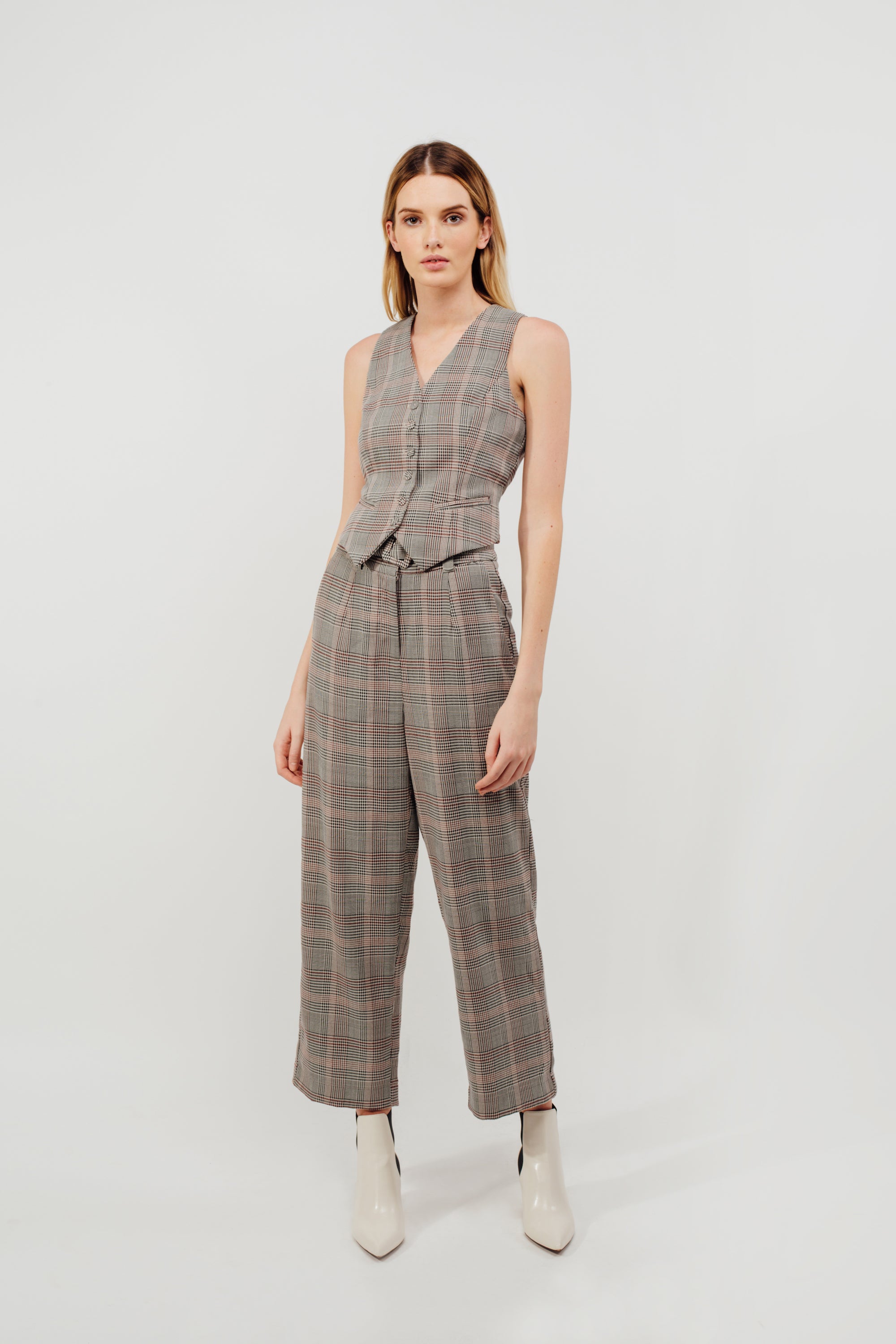 Belted Straight Legged Trousers In Rosewood Checked (Sale)