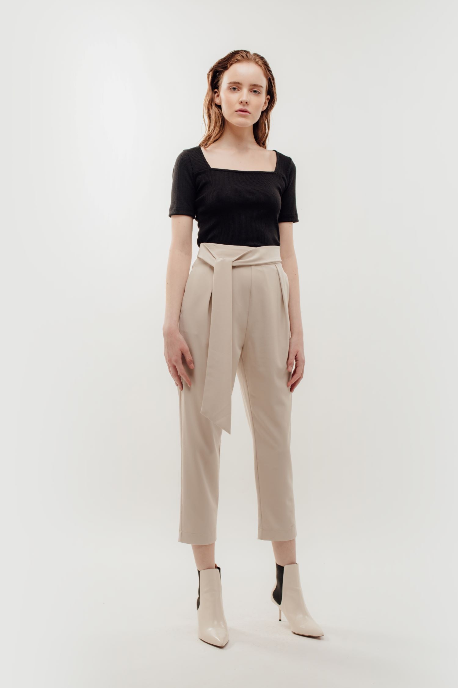 High Waisted Trousers with Belt Tie in Beige (Sale)