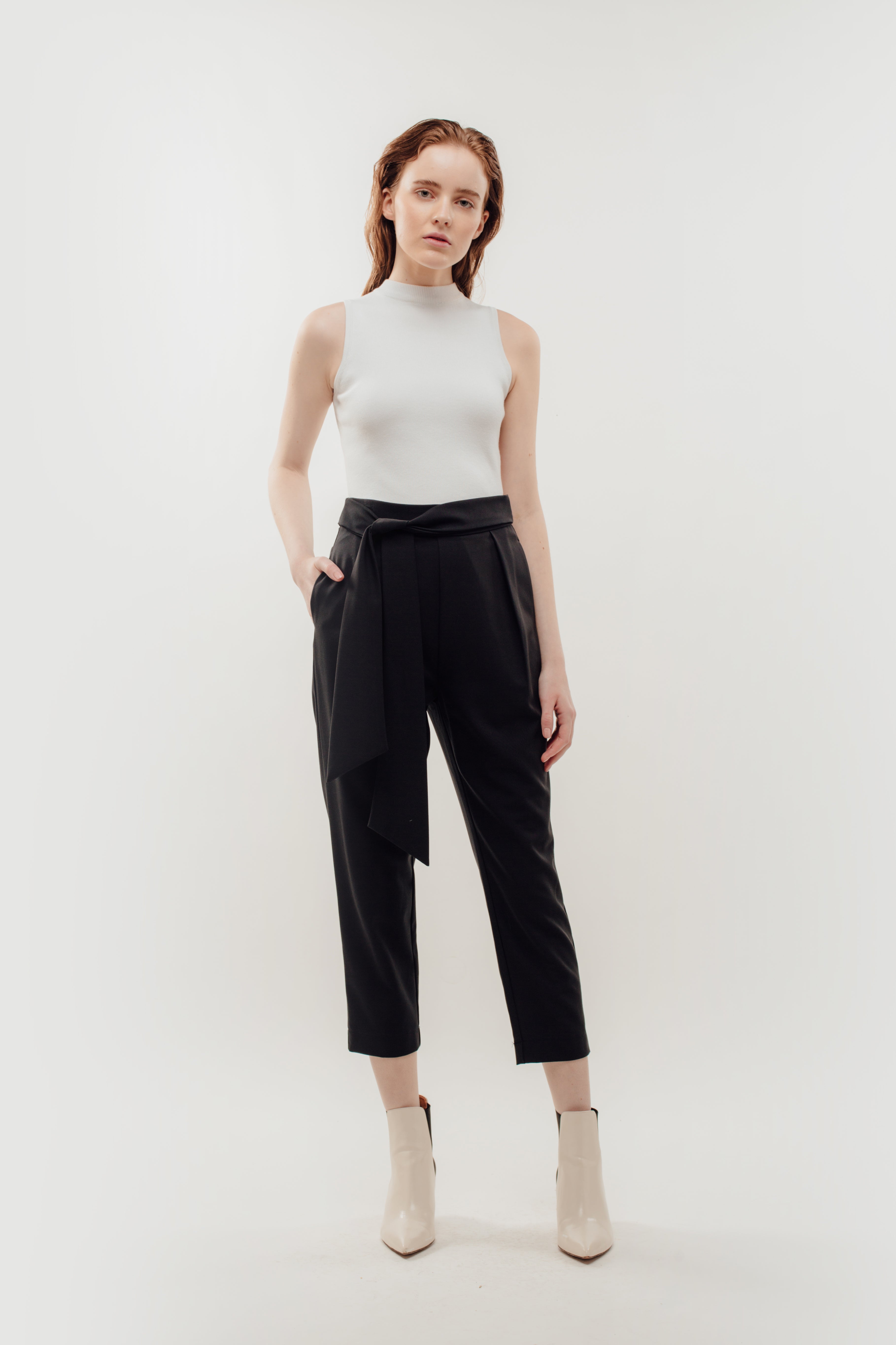 High Waisted Trousers with Belt Tie in Navy (Sale)