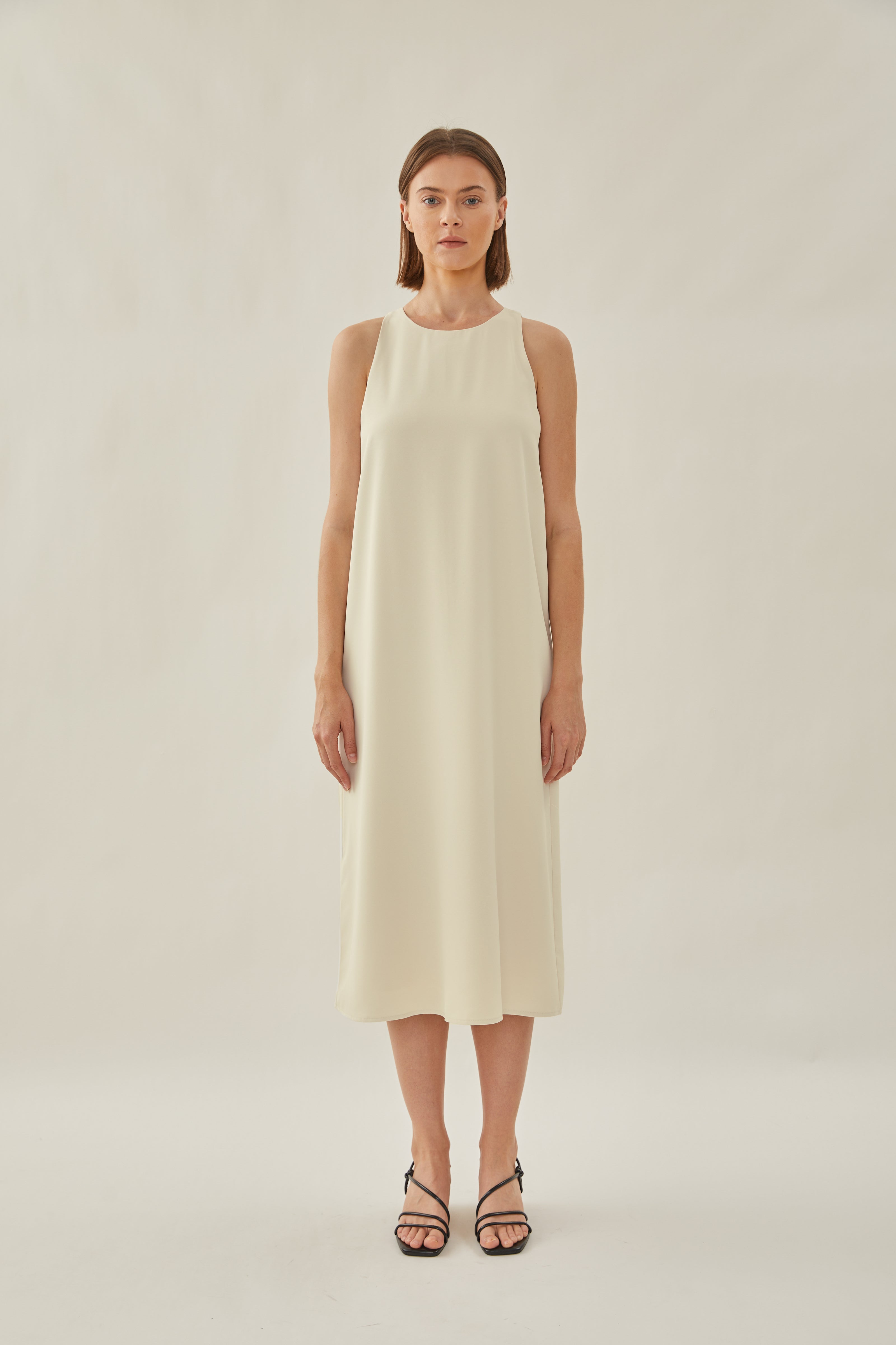 Round Neck Midi Dress in Ivory