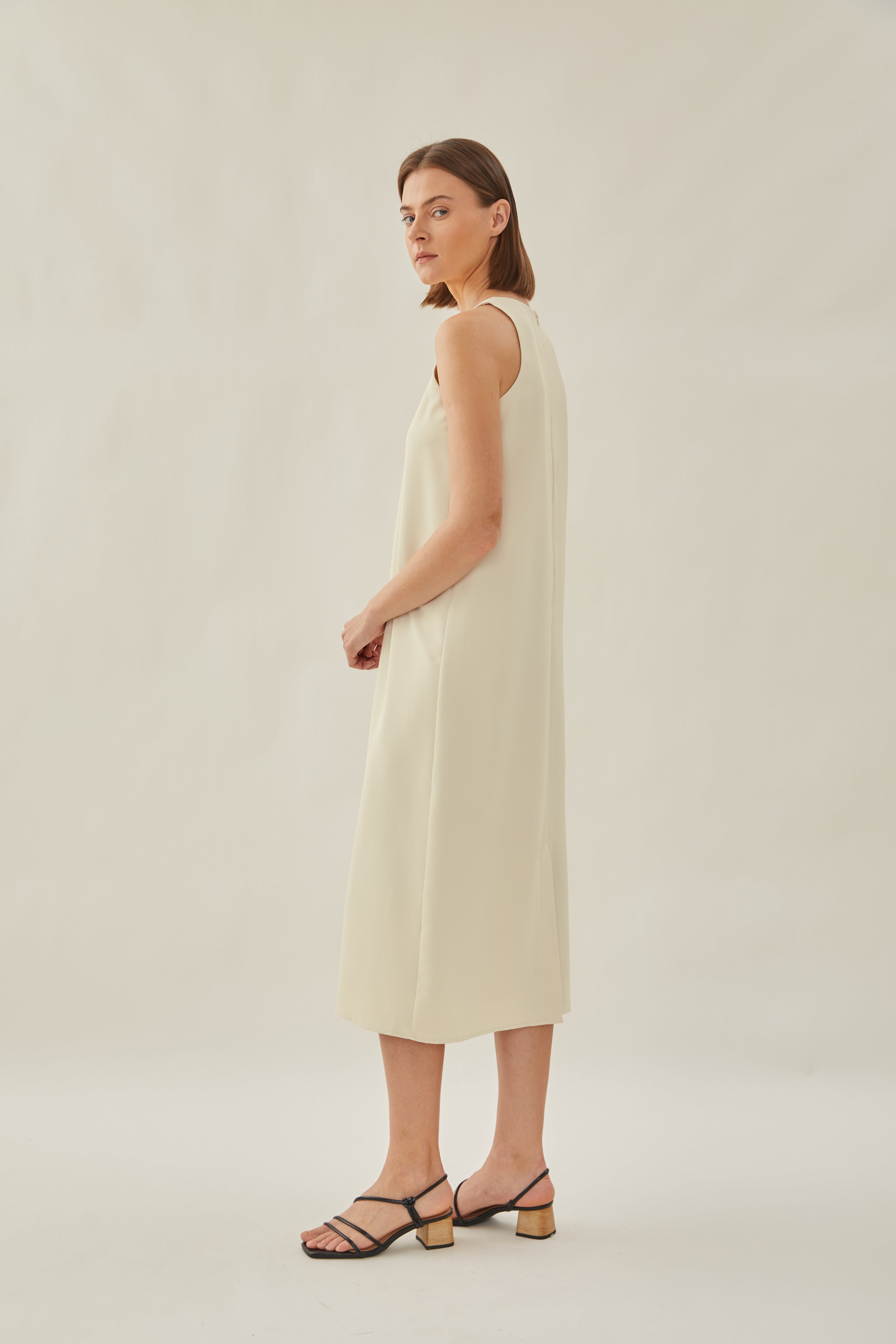 Round Neck Midi Dress in Ivory