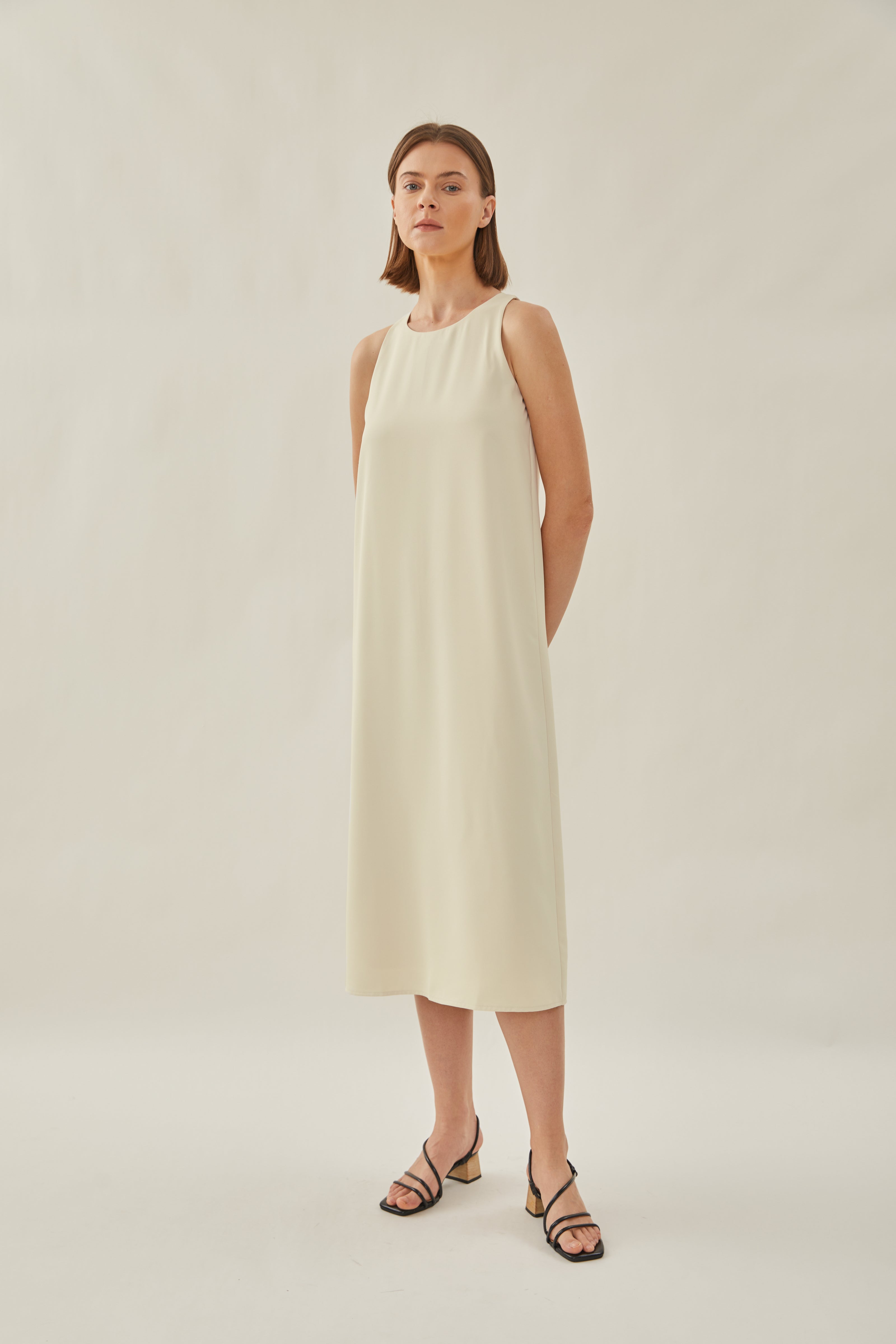 Round Neck Midi Dress in Ivory