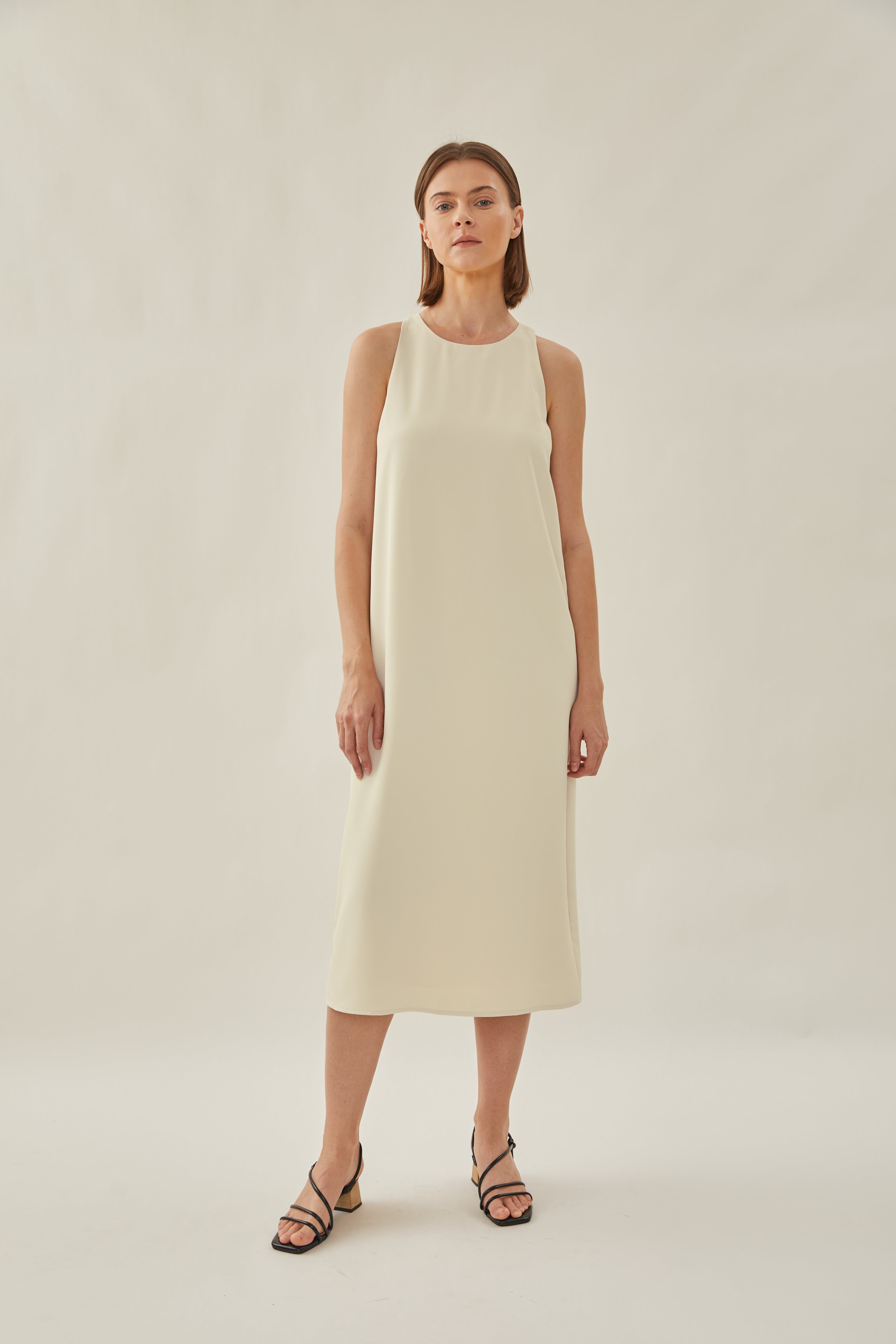 Round Neck Midi Dress in Ivory