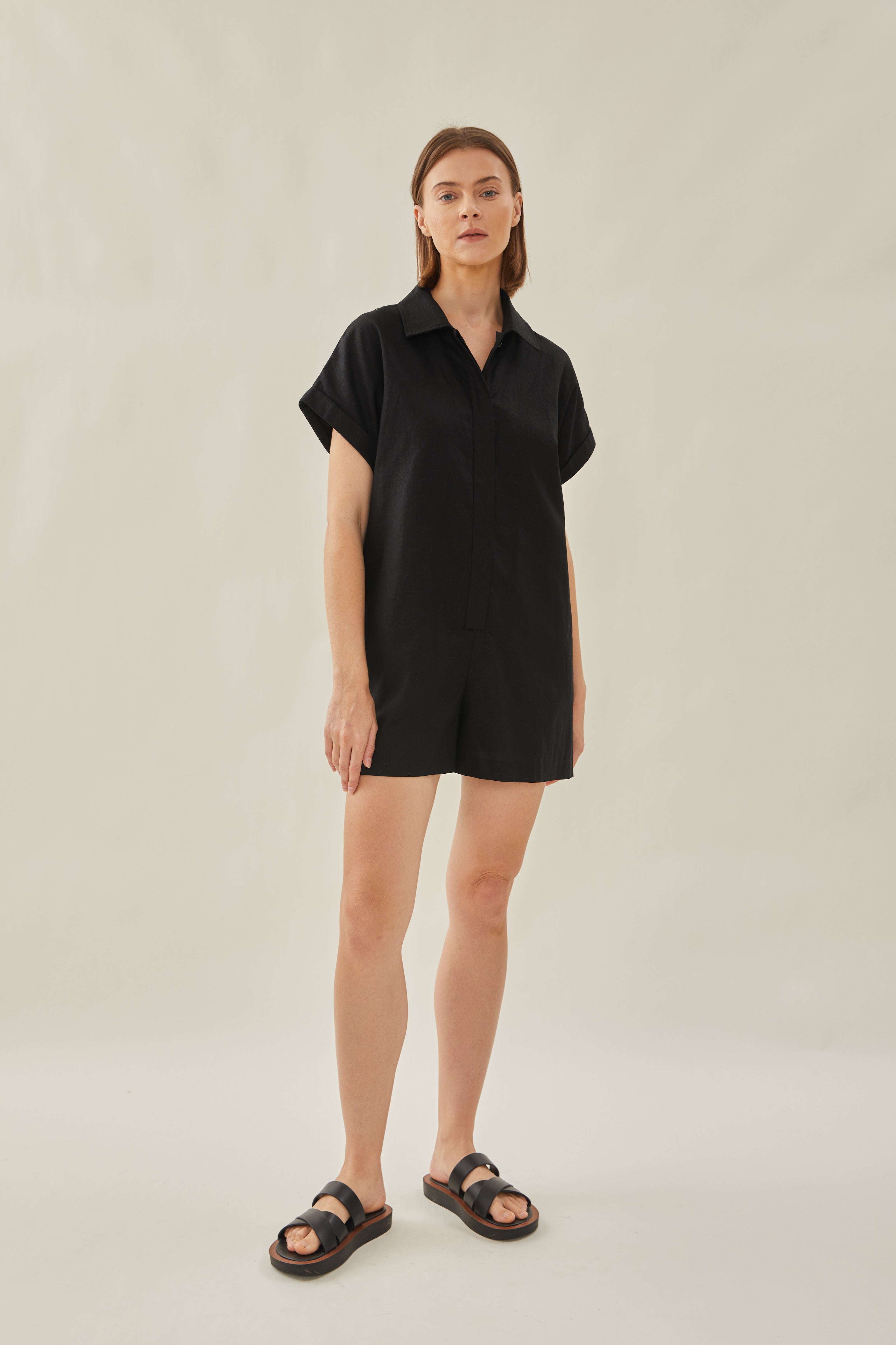 Relaxed Shirt Romper in Black