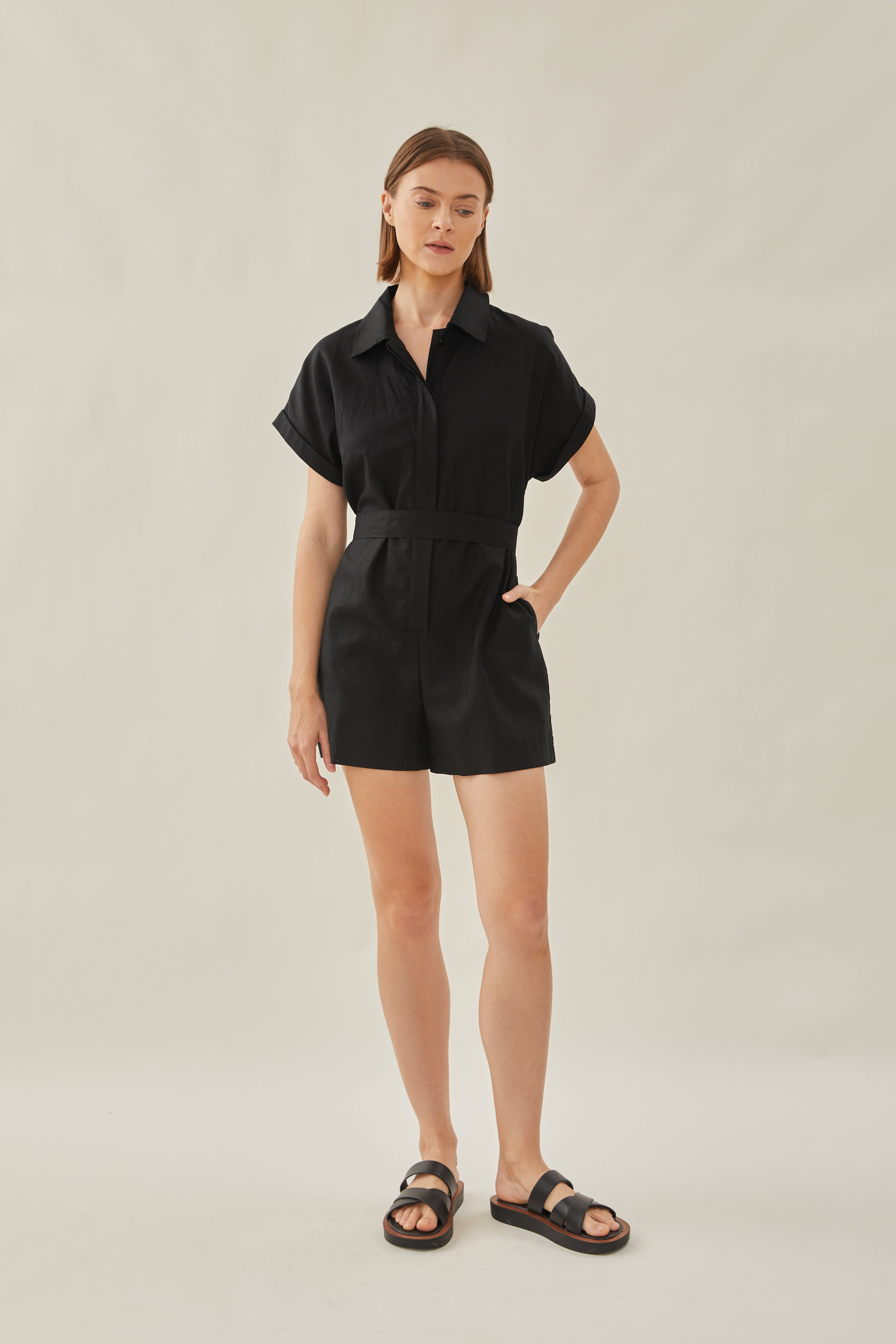 Relaxed Shirt Romper in Black