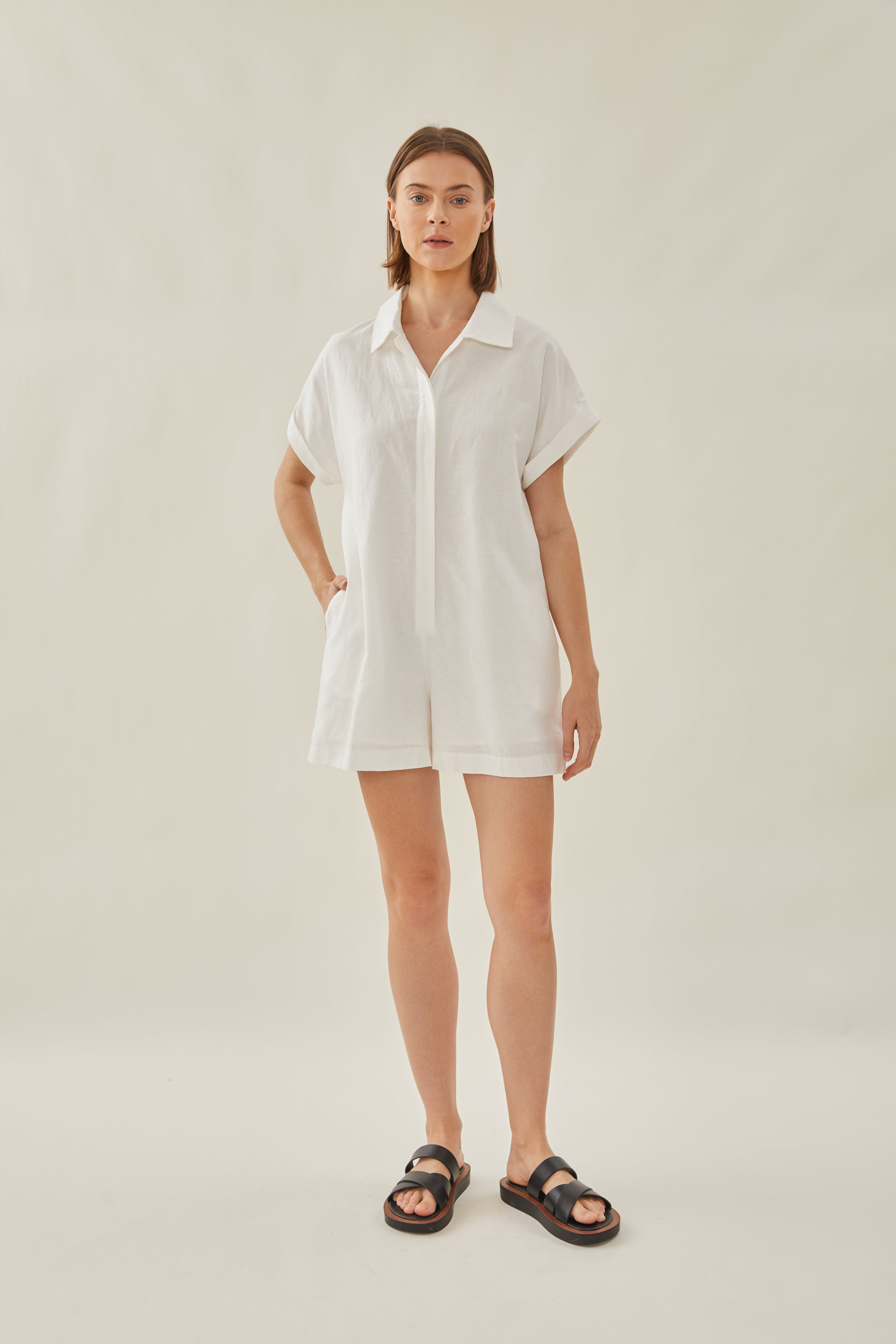 Relaxed Shirt Romper in White