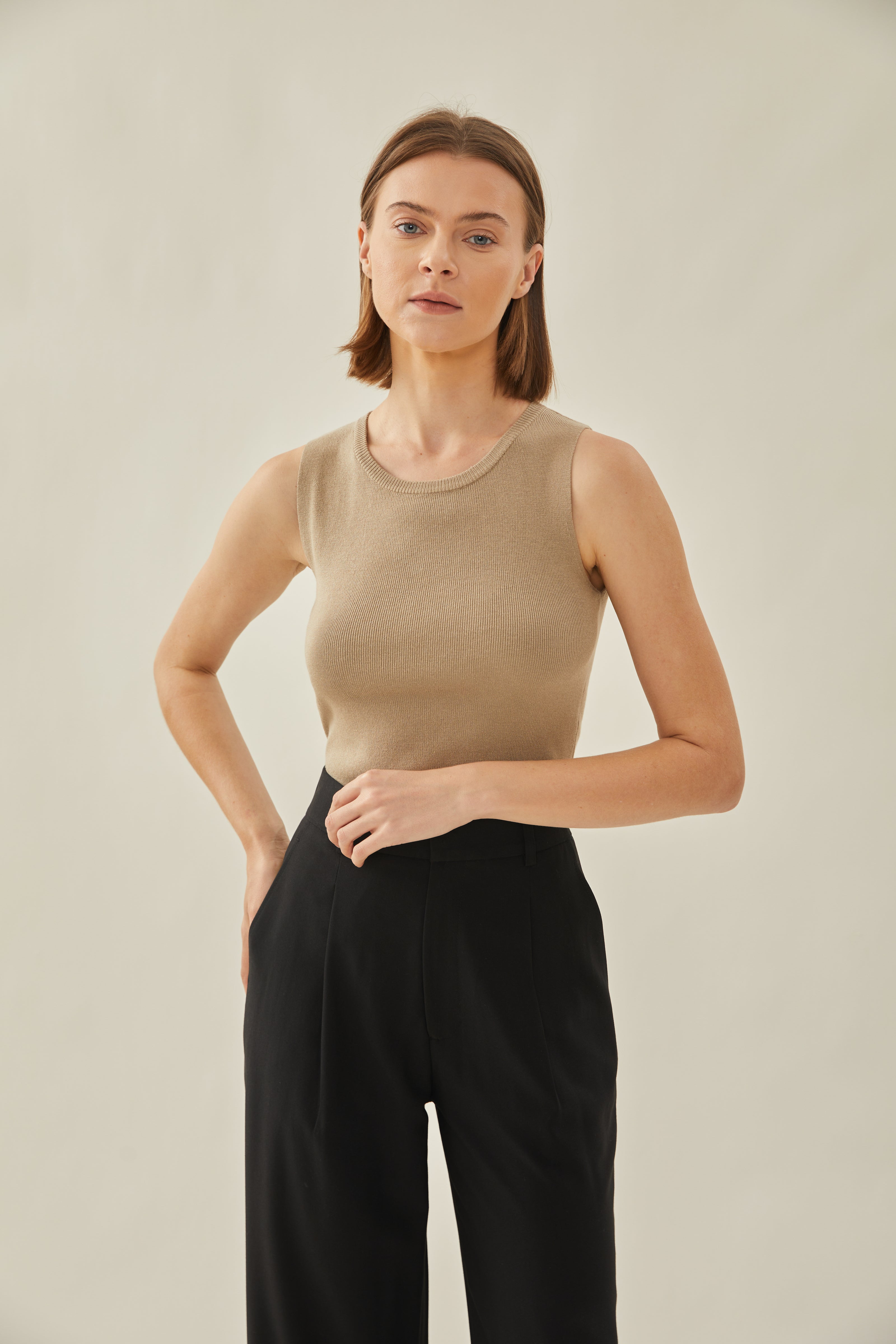 Sleeveless Knit Tank in Camel