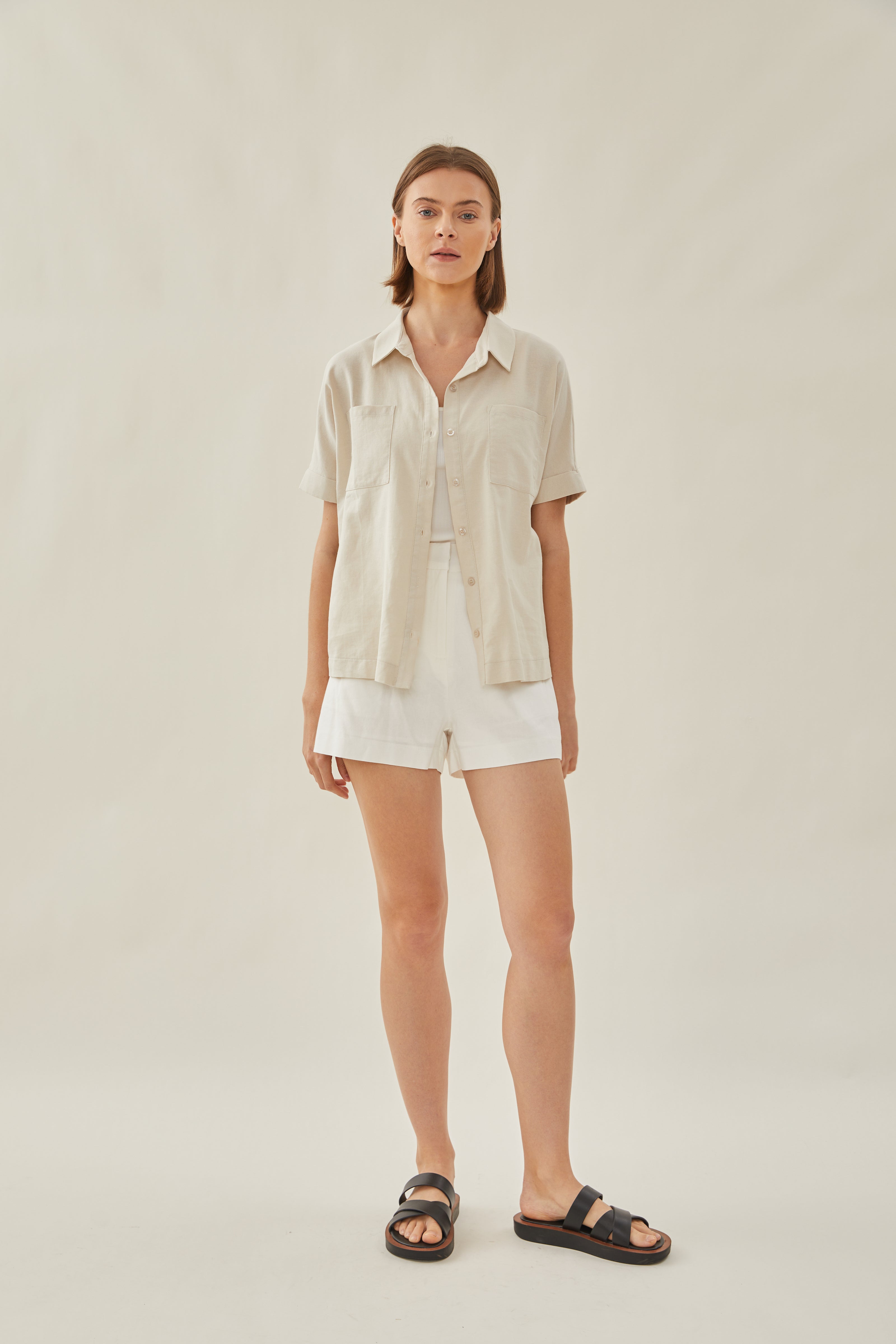 Cotton Short Sleeved Shirt in Beige