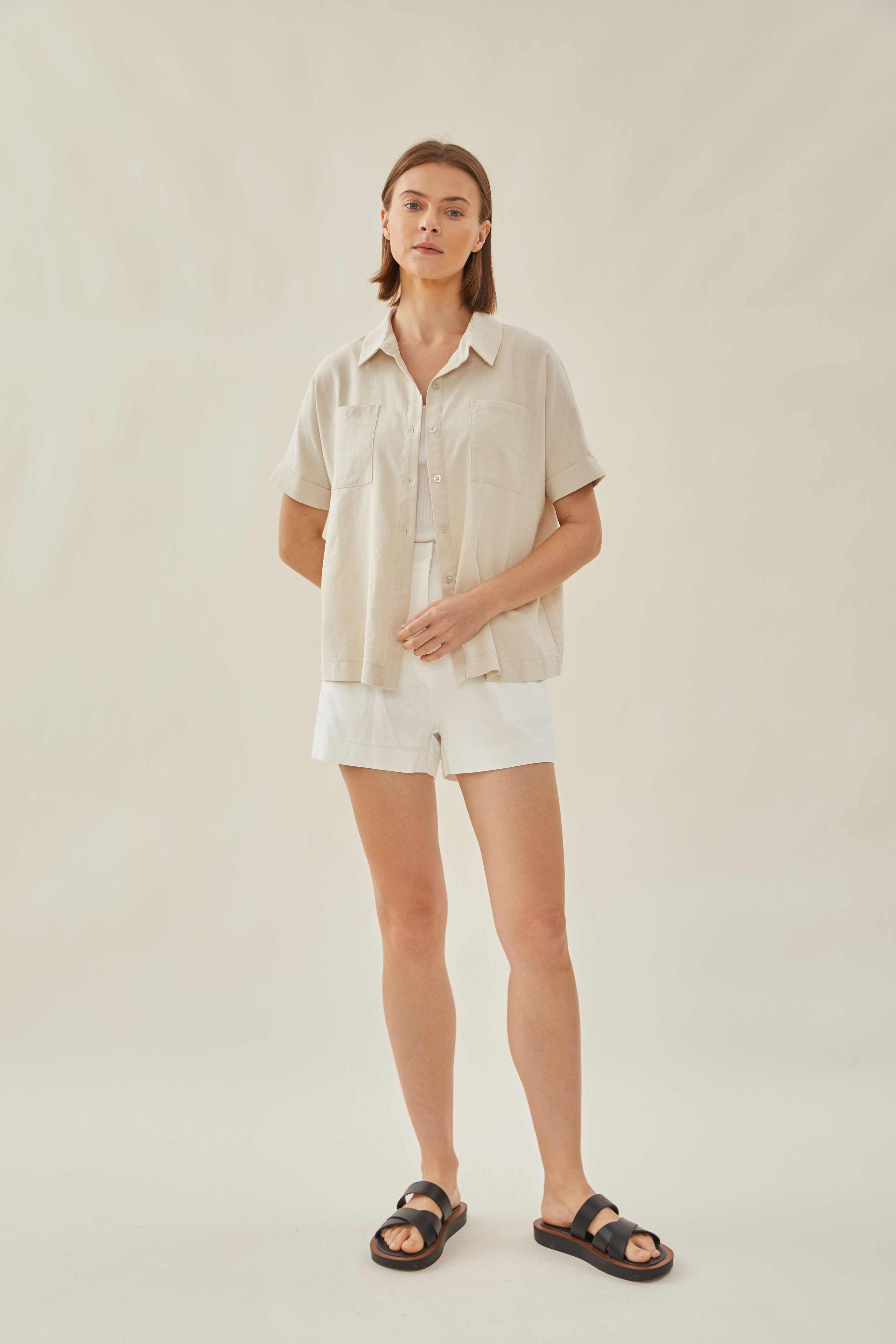 Cotton Short Sleeved Shirt in Beige