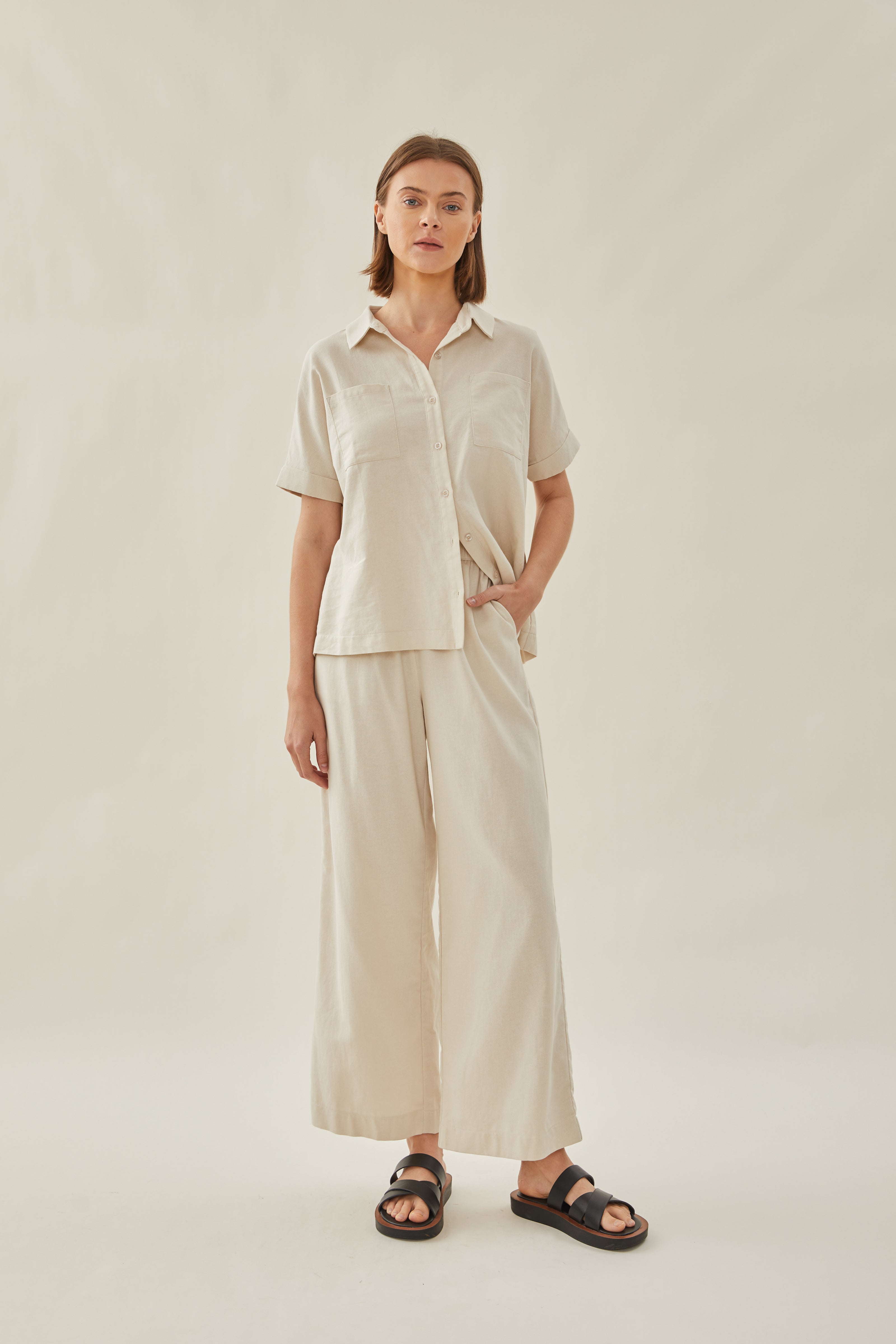 Relaxed Waisted Trousers in Beige