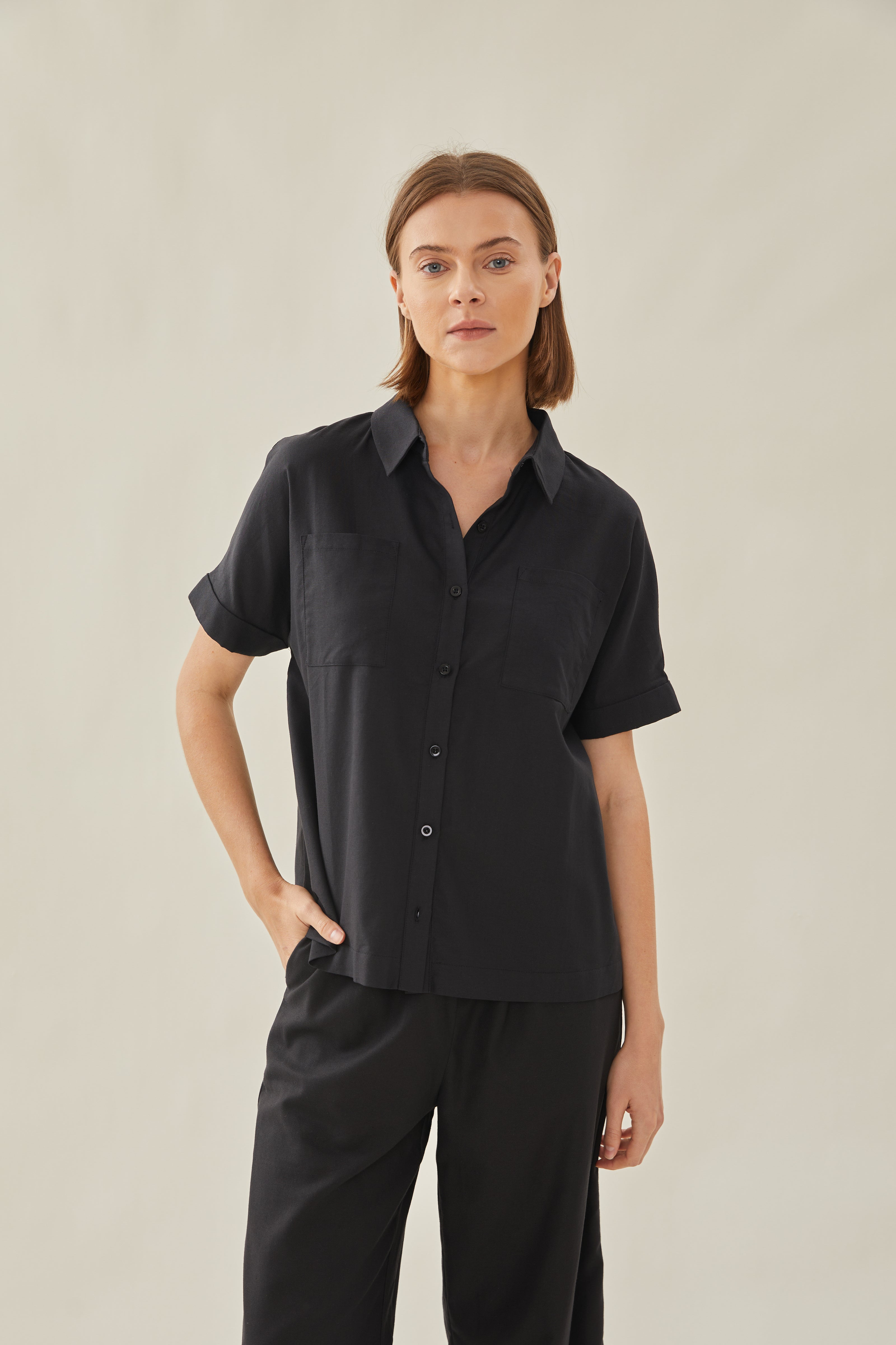 Cotton Short Sleeved Shirt in Black