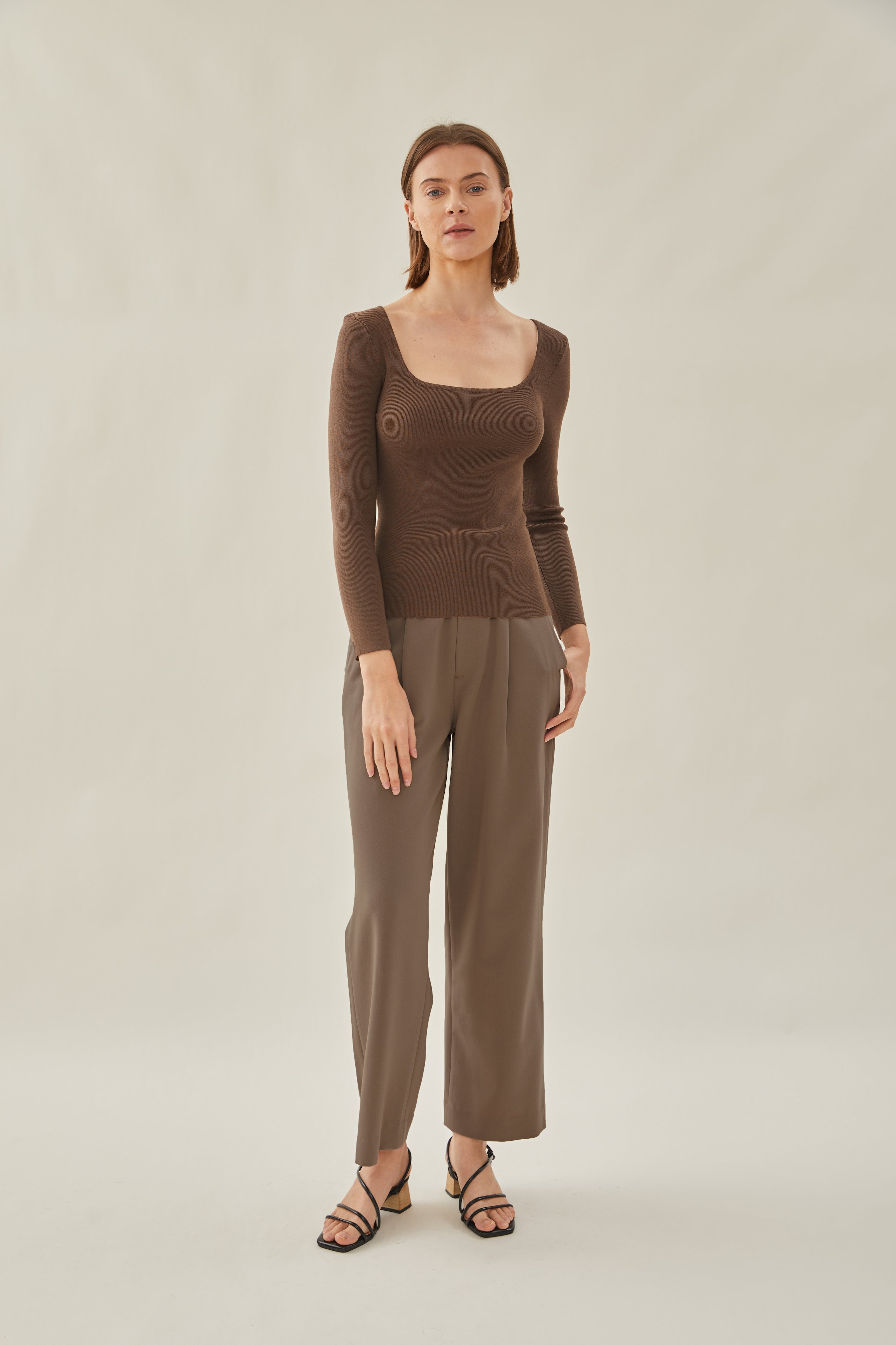 Rounded Square Neck Knit Top in Soil