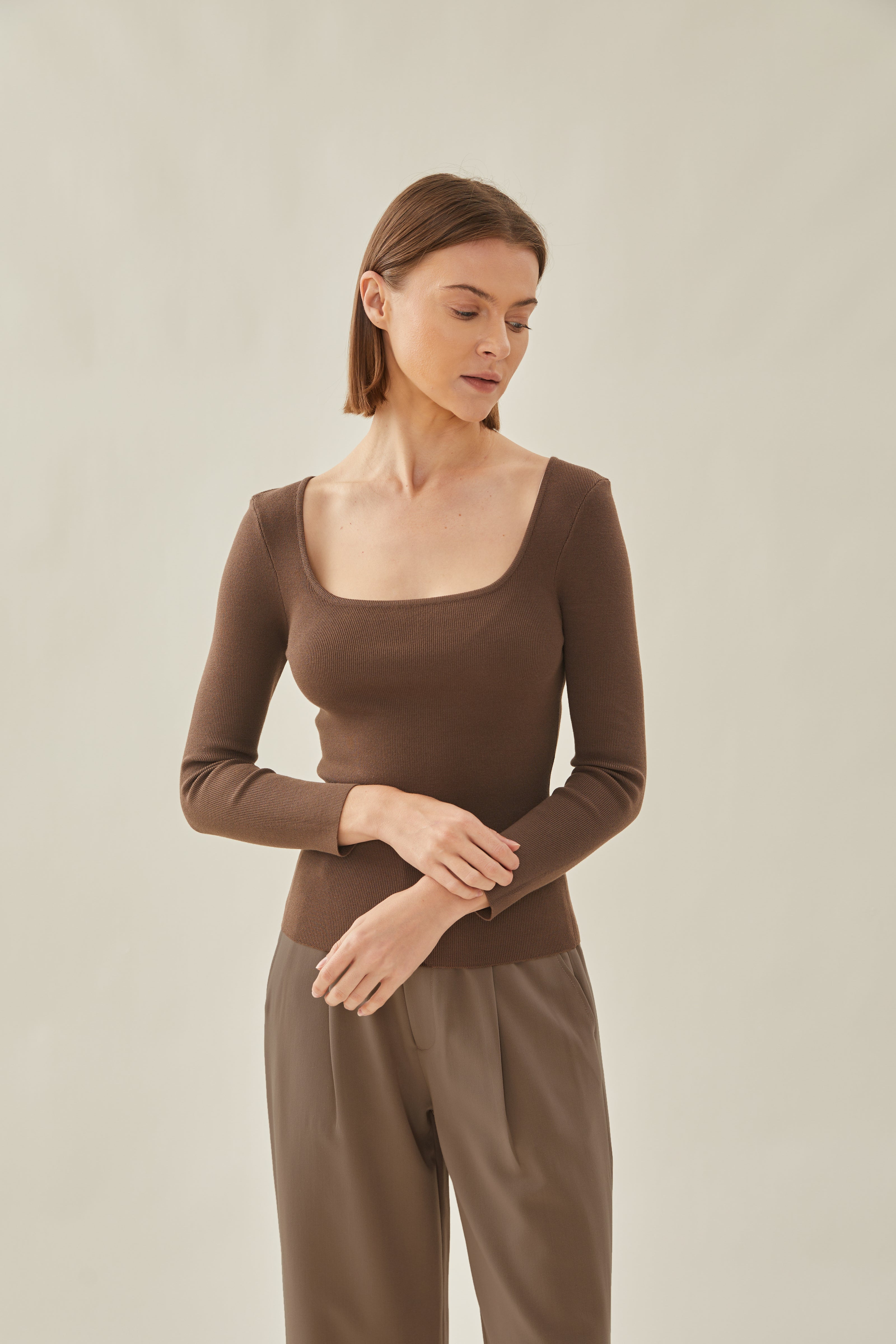 Rounded Square Neck Knit Top in Soil