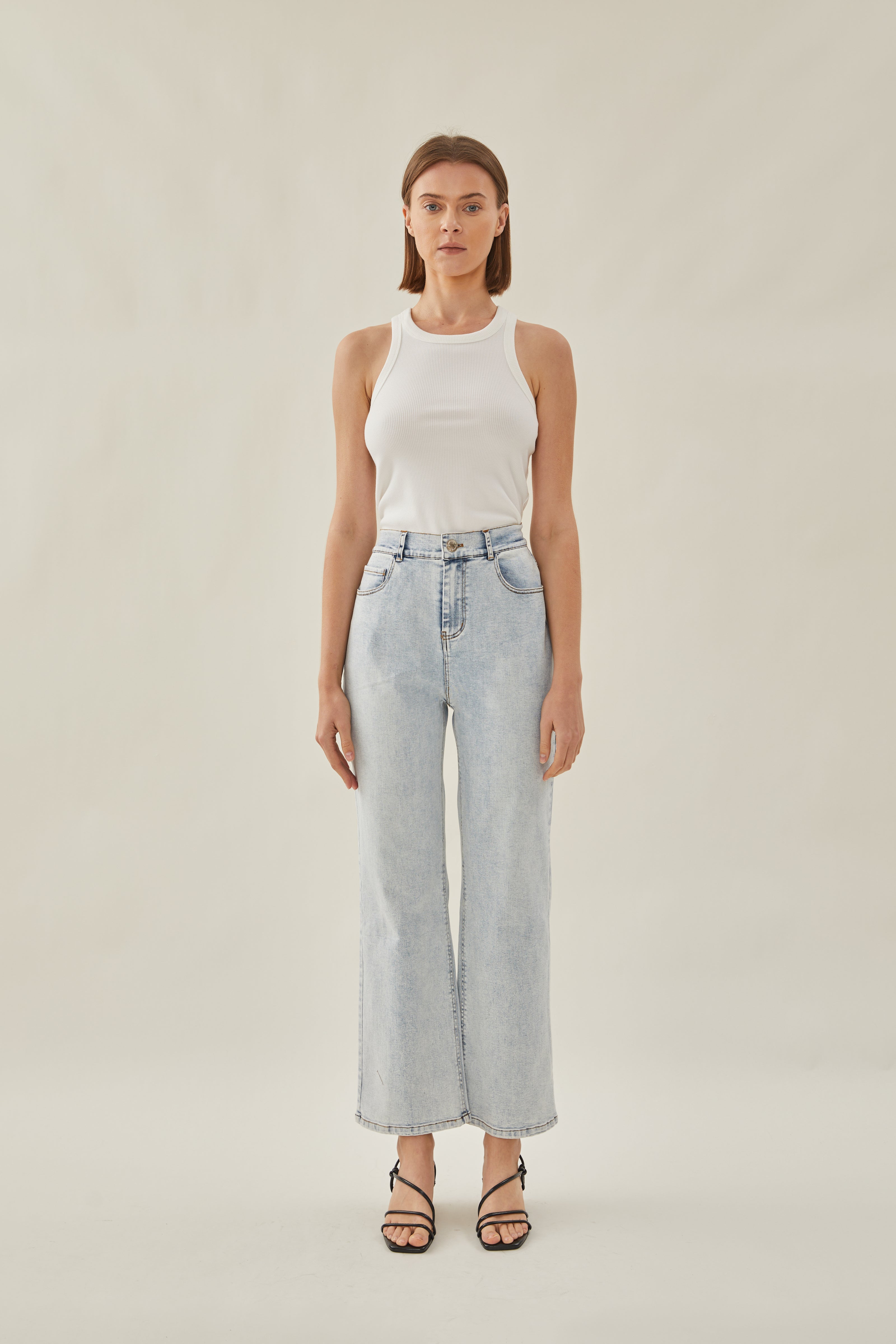 Studios High Rise Straight Cut Stretch Jeans in Blue Wash