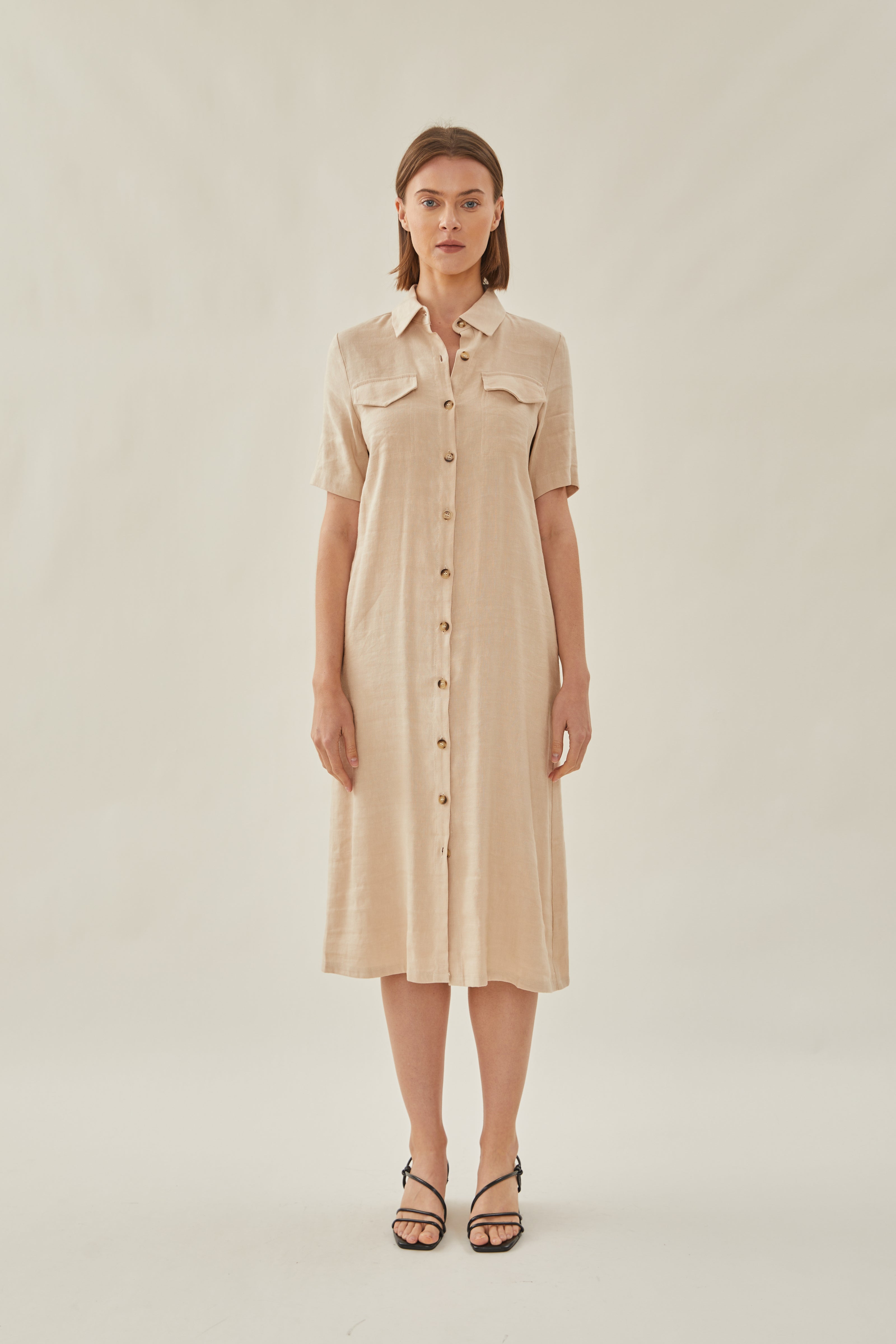 Linen Shirt Midi Dress in Oatmeal