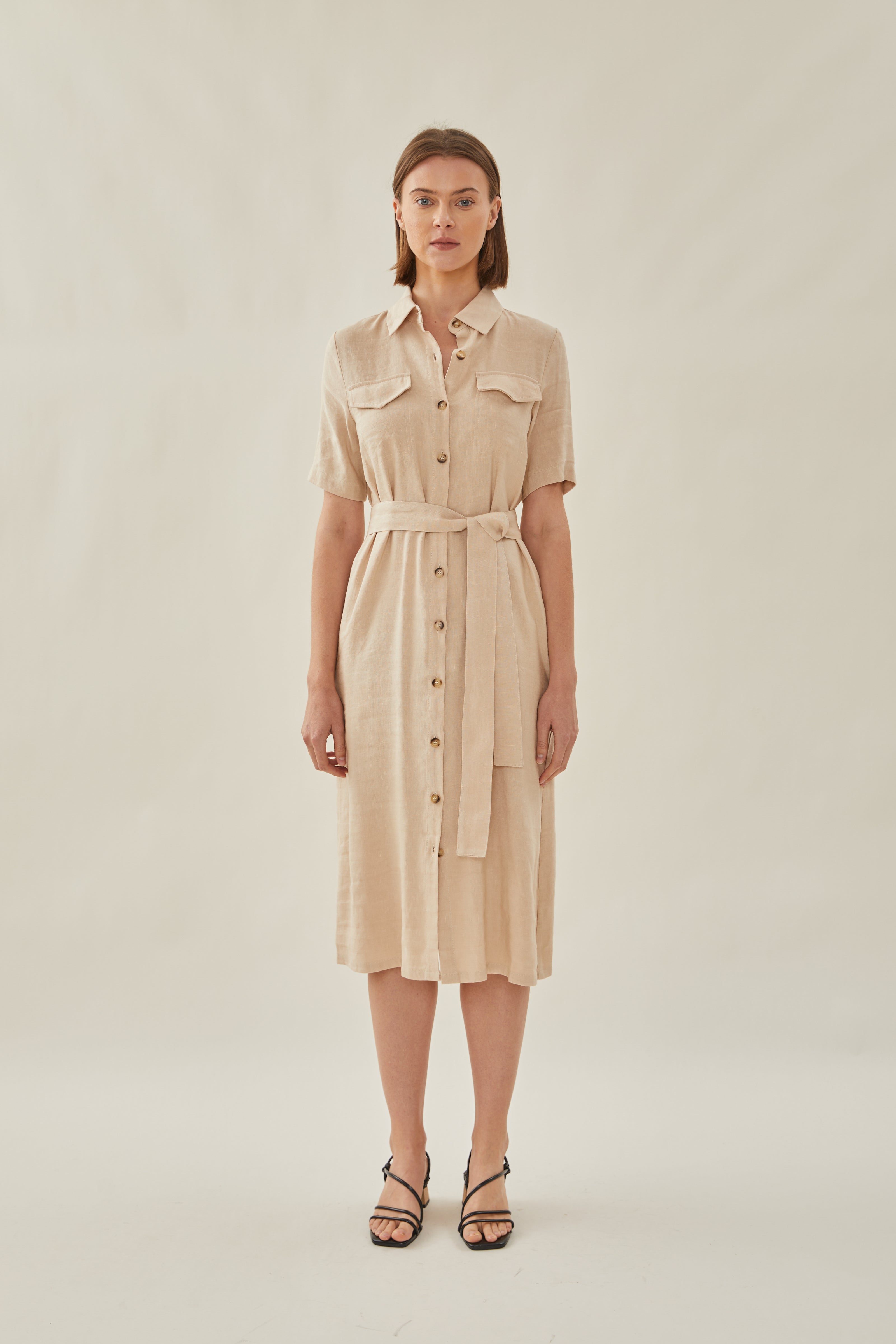 Linen Shirt Midi Dress in Oatmeal