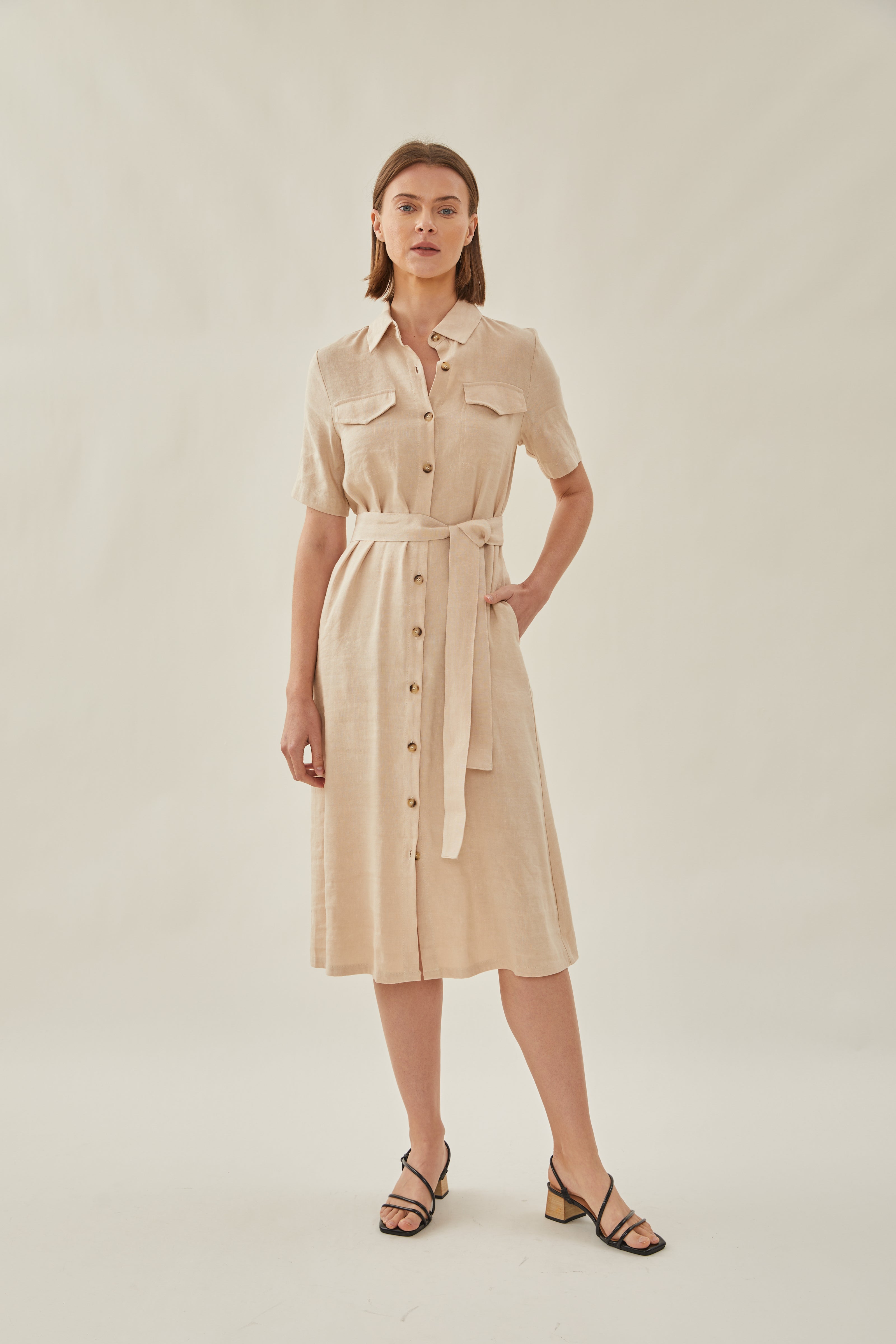 Linen Shirt Midi Dress in Oatmeal