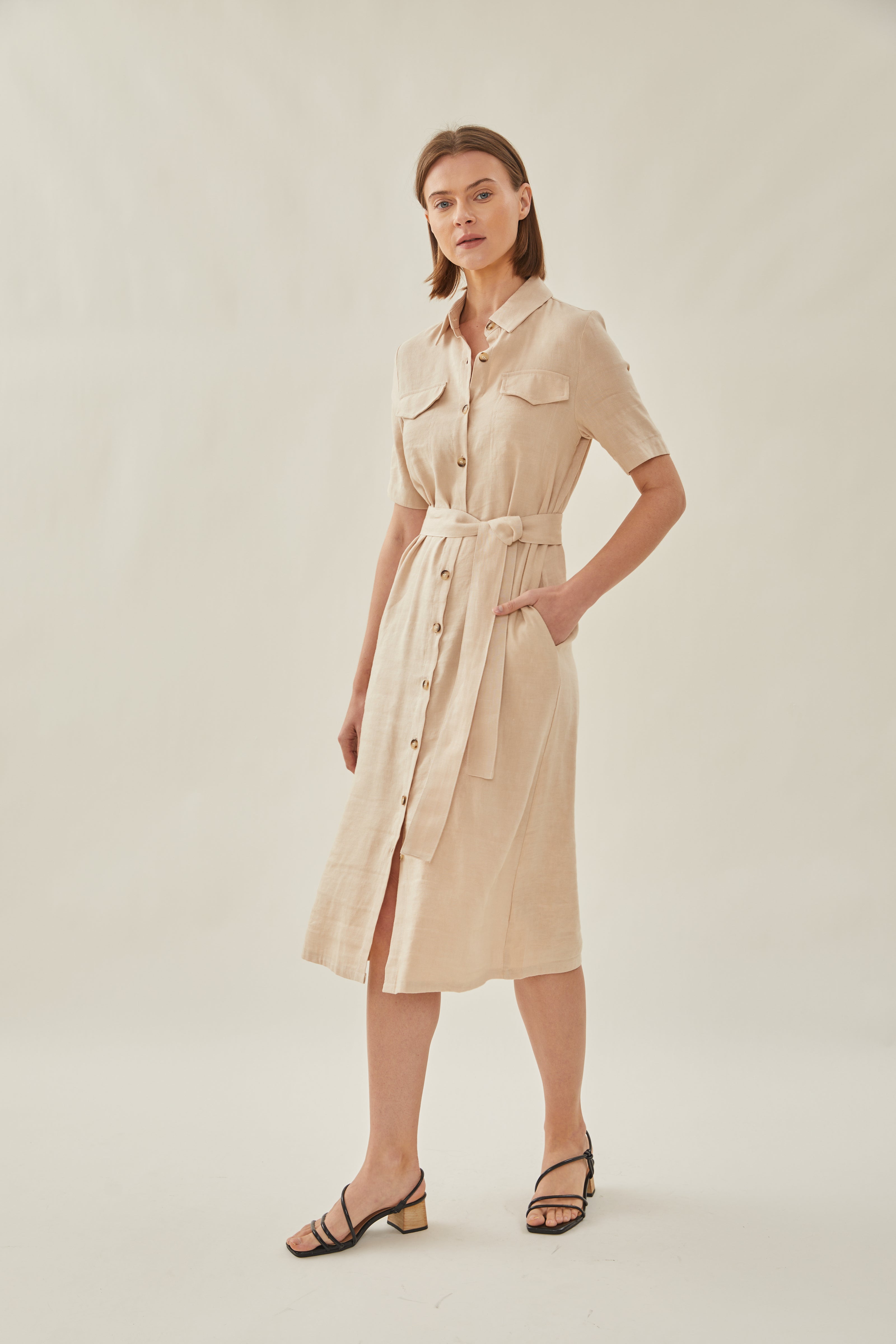 Linen Shirt Midi Dress in Oatmeal