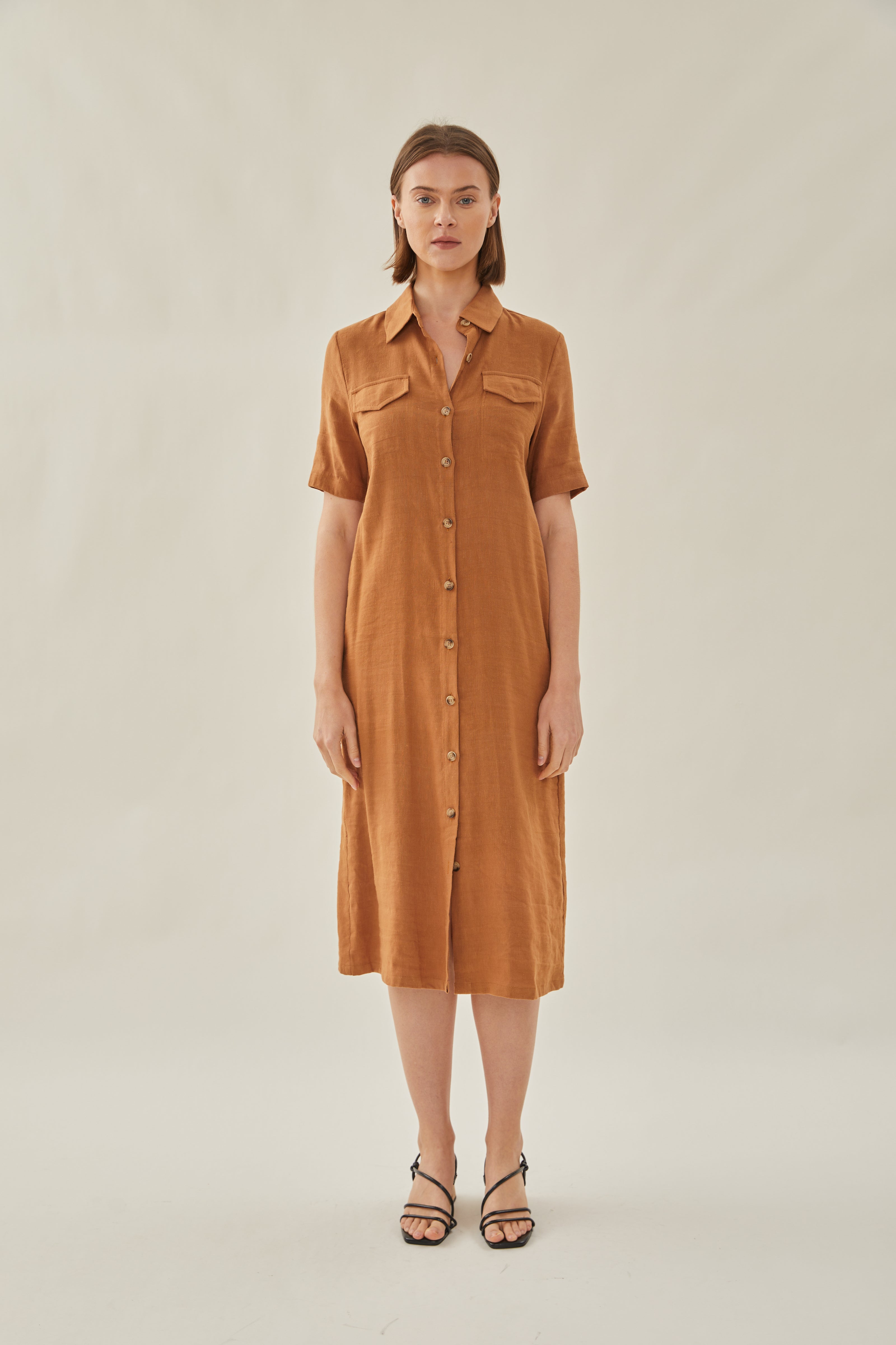 Linen Shirt Midi Dress in Brown