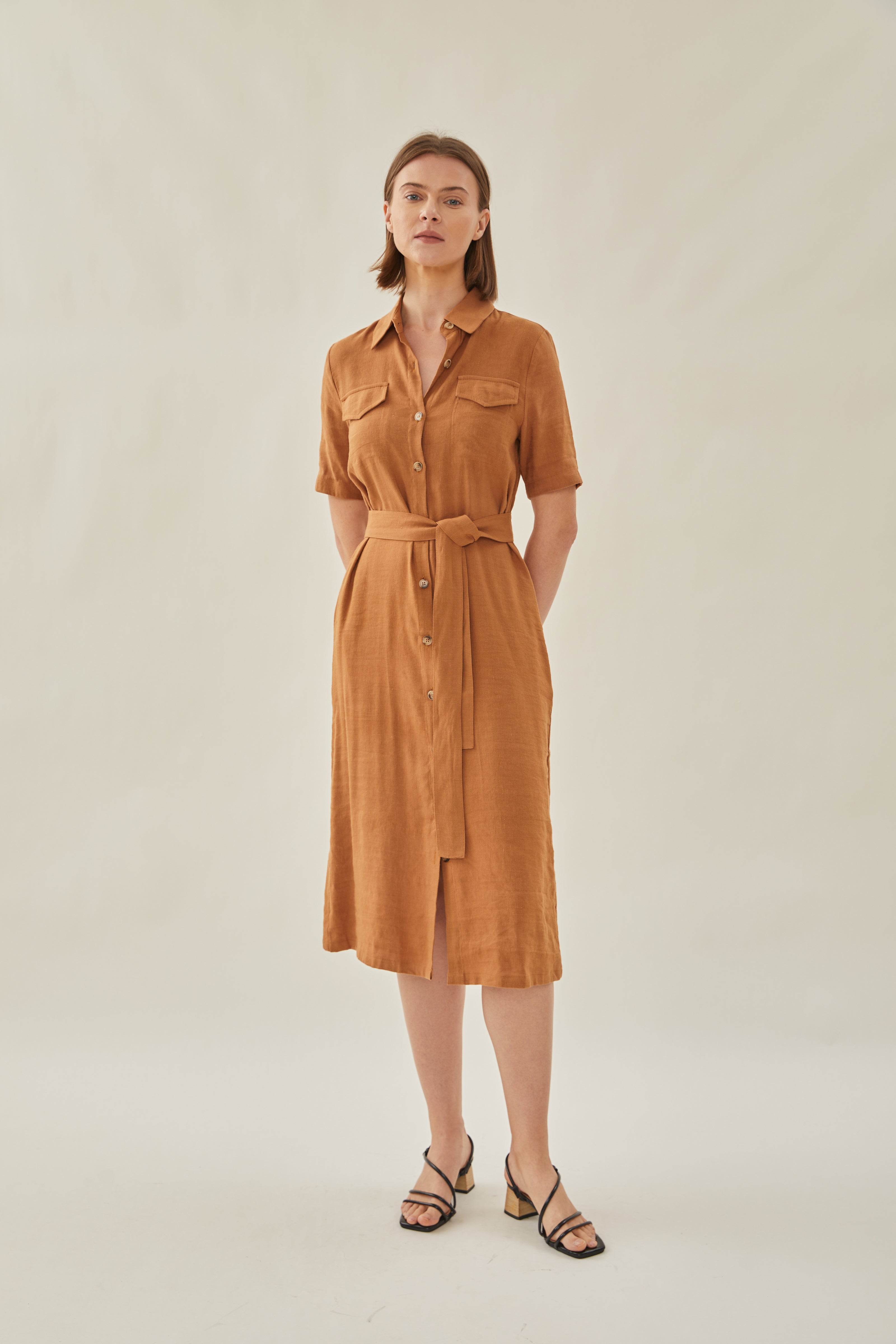 Linen Shirt Midi Dress in Brown