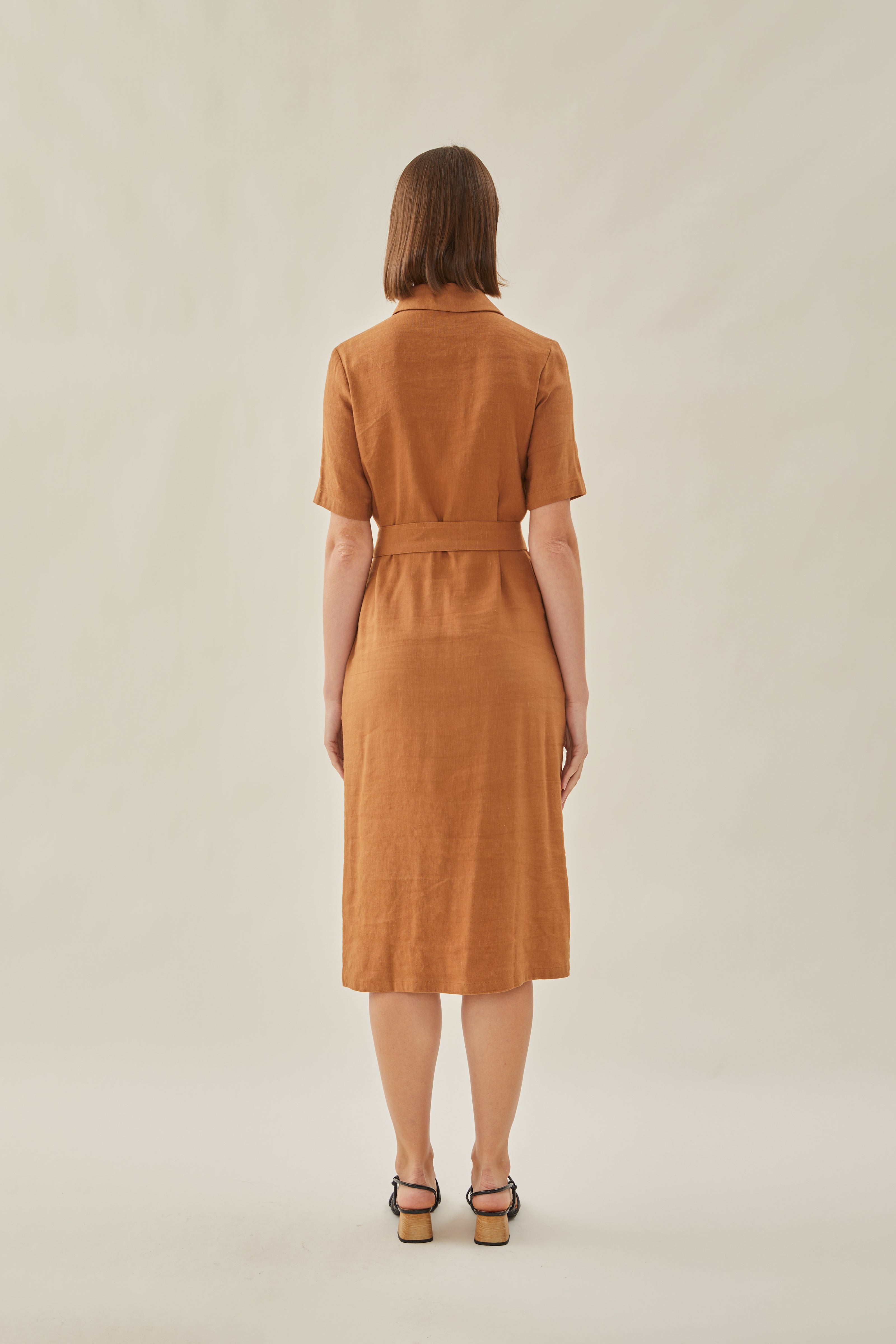 Linen Shirt Midi Dress in Brown