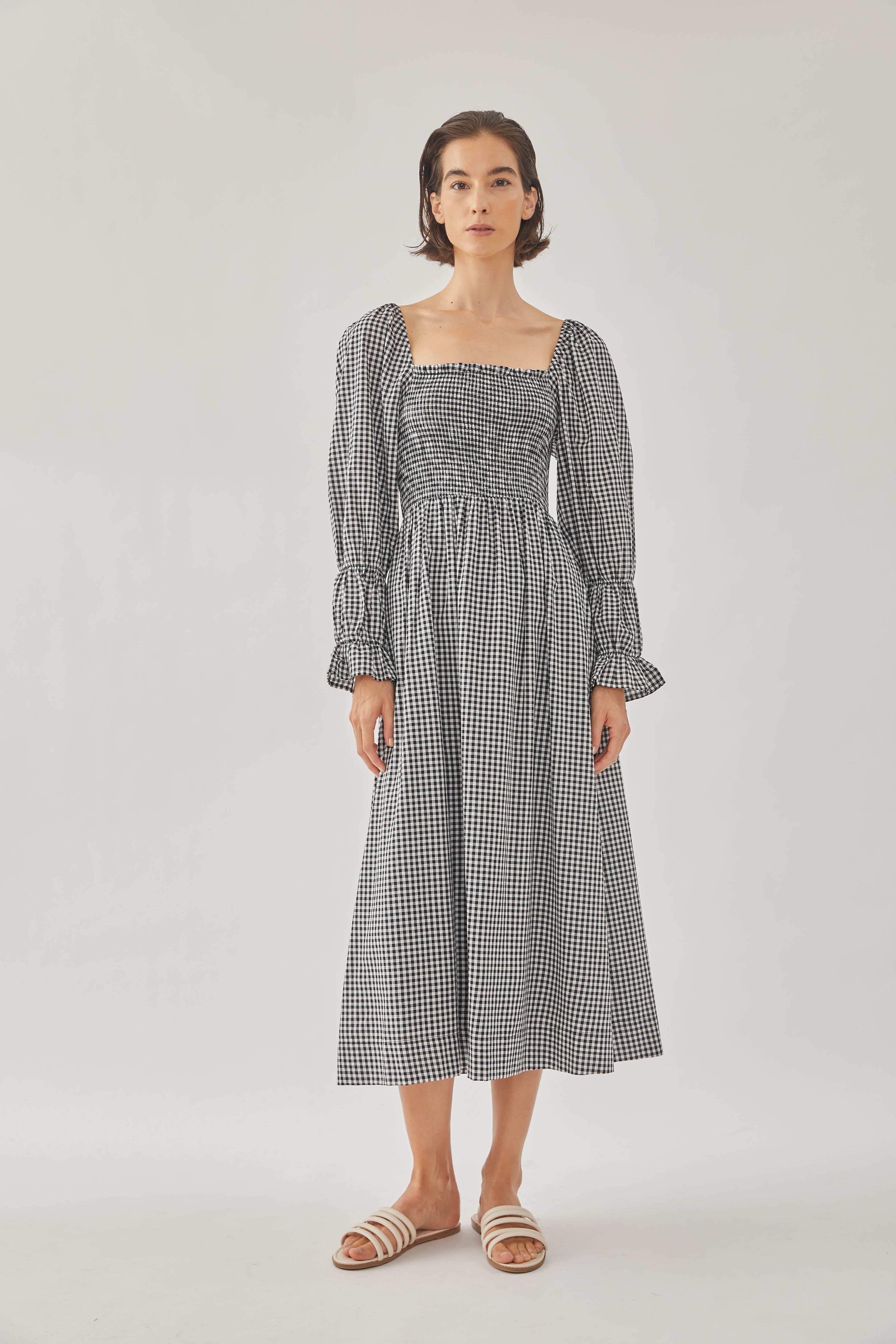 Cotton Shirred Midi Dress in Checkered